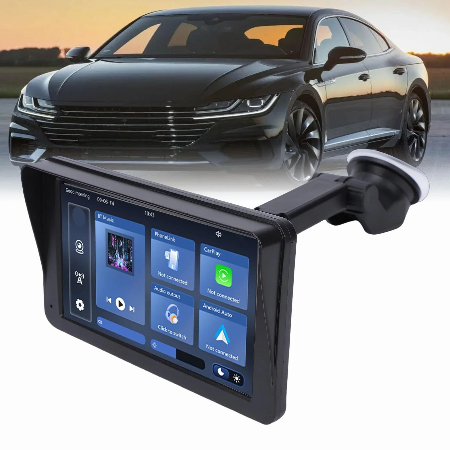 Bnineteenteam Bezprzewodowy Ekran do Odtwarzania Samochodu, Przenośny Samochodowy Zestaw Stereo ze Szkła ABS z 7-calowym Ekranem Dotykowym HD, łączem Auto Mirror Link i Radiem FM dla Wszystkich