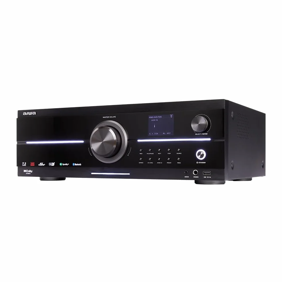 AIWA AVR-7210 7.2-kanałowy odbiornik audio i wideo z technologią Dolby Atmos, Spotify Streaming, AirPlay 2, Bluetooth 5.2 i UHD 4K Passthrough - 1155 W. Kolor: czarny