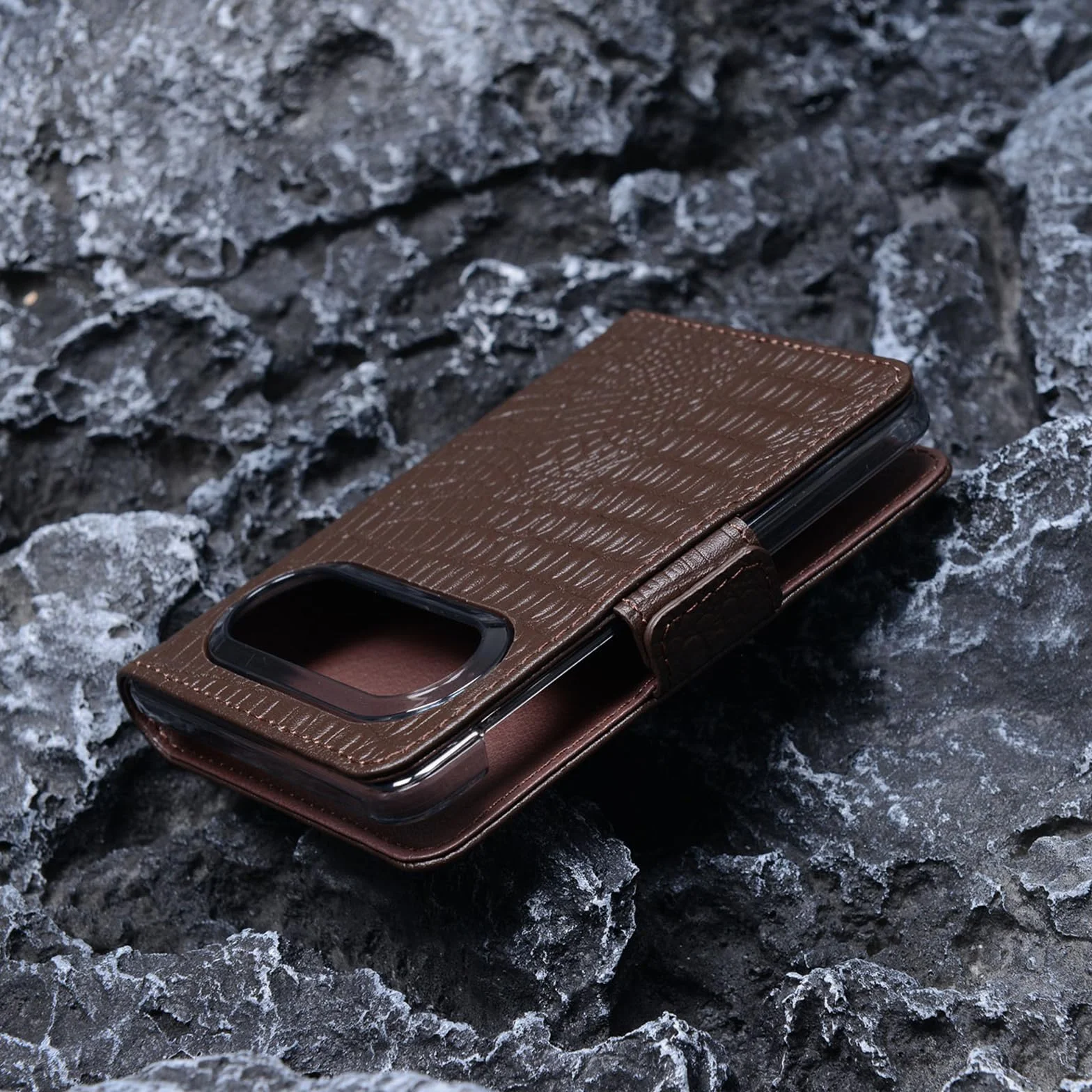 Etui z klapką do Huawei Pura X Max, zapięcie magnetyczne wzór liczi z prawdziwej skóry z etui ochronnym na aparat, brązowy, Pura X Max