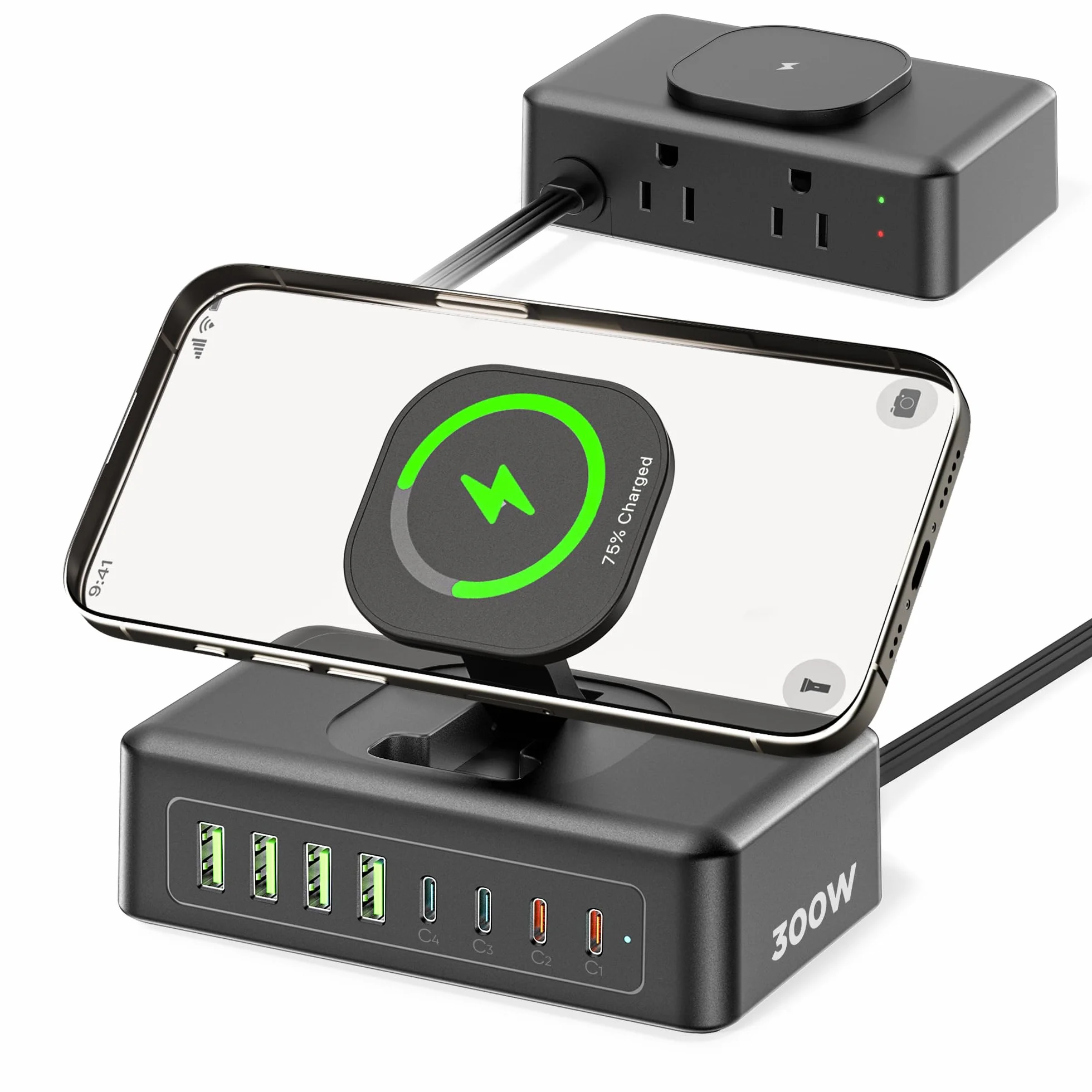 Stacja ładująca USB 300 W, listwa zasilająca USB C 11 w 1, 2 gniazda AC i 8 portów USB, płaski przewód przedłużający 1,5 m z wieloma urządzeniami, ładowarka biurkowa do domowego biura, akcesoria na