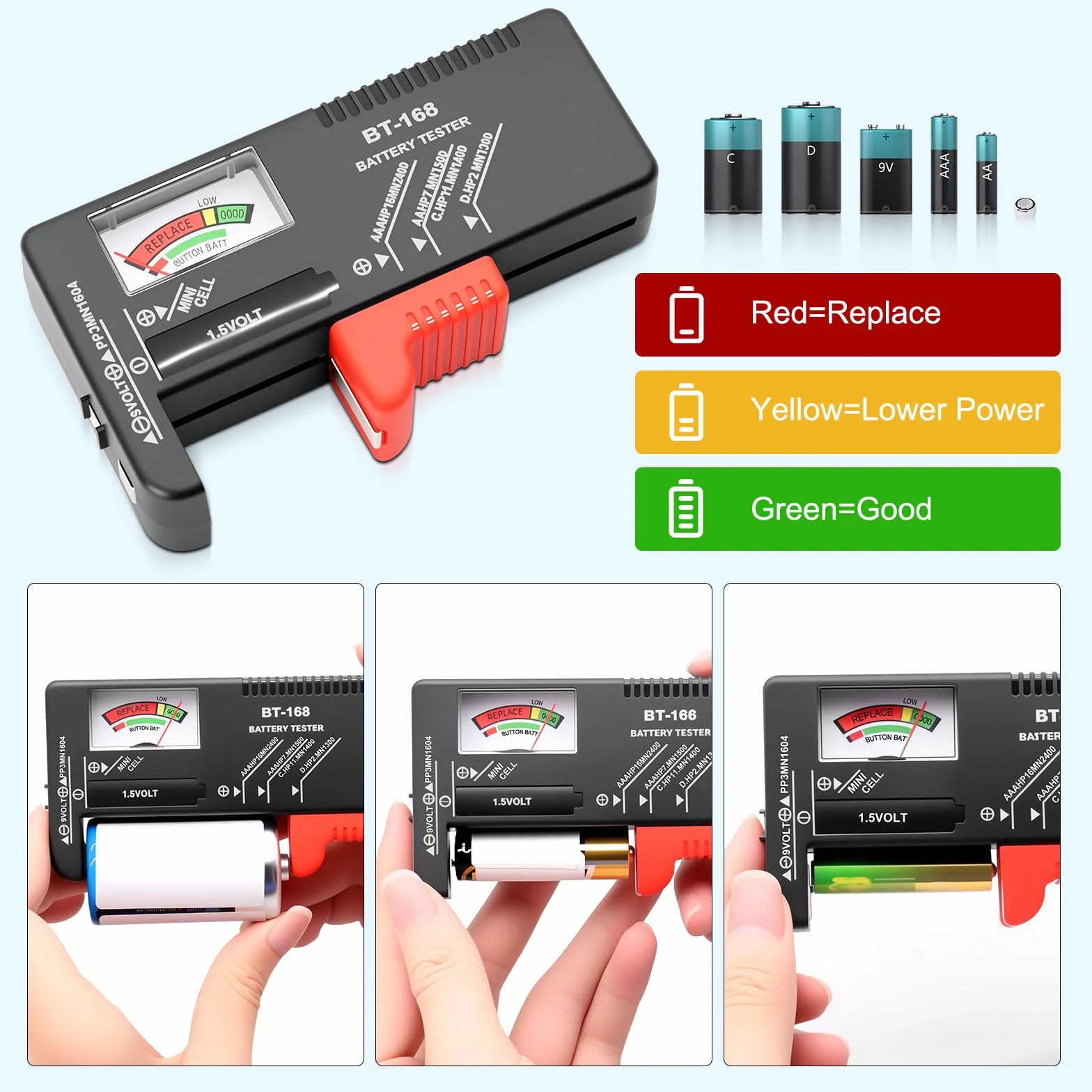 Tester baterii do wszystkich akumulatorów AA, AAA, D, C, 9 V, 1,5 V ogniwa guzikowe