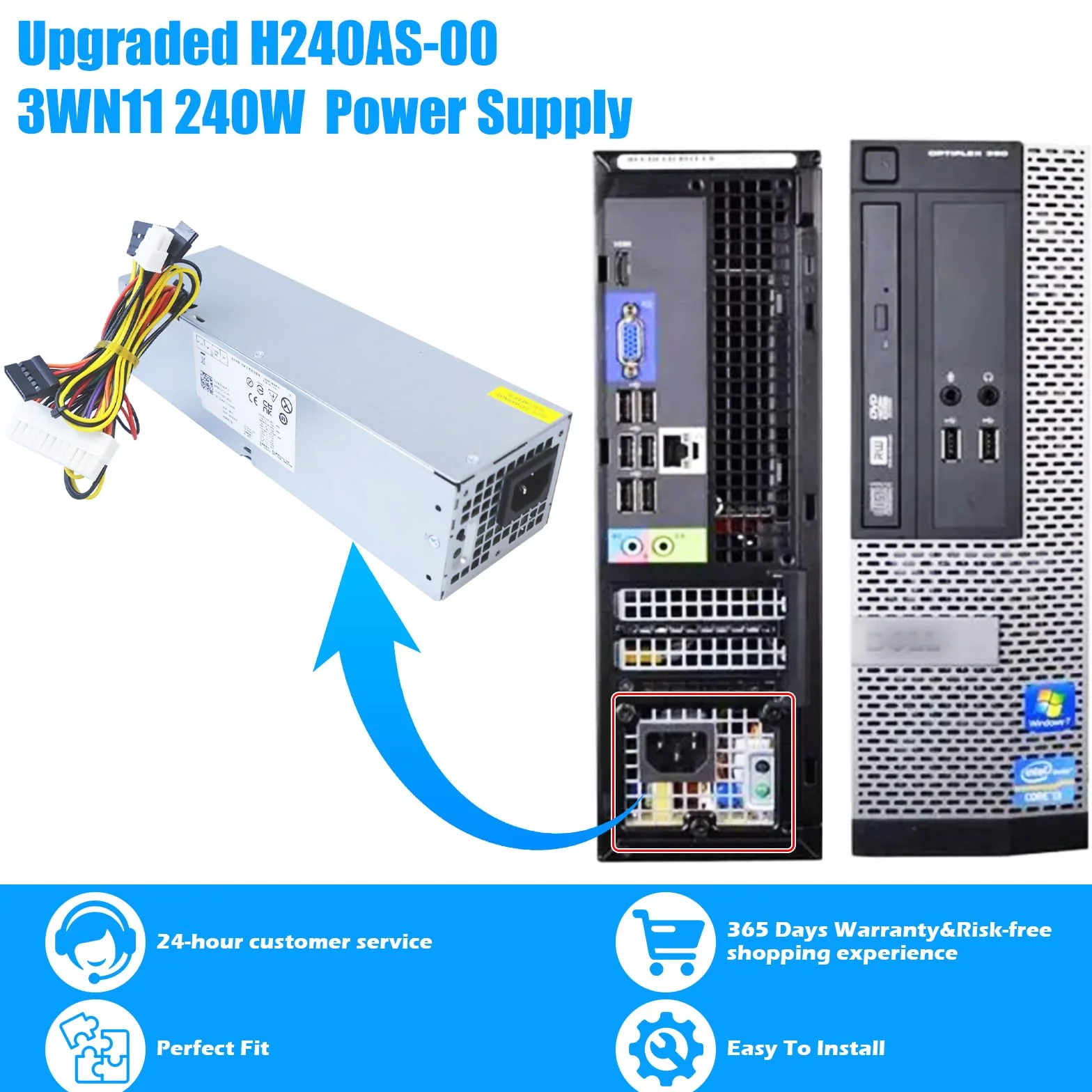 S-Union Zasilacz 240W dla Dell Optiplex 390 790 960 990 3010 7010 9010, tylko dla małego kształtu SFF H240ES-00 D240ES-00 AC240AS-00 AC240ES-00 DPS-2400 0WB L2440AS-00 H240AS-00 3WN11