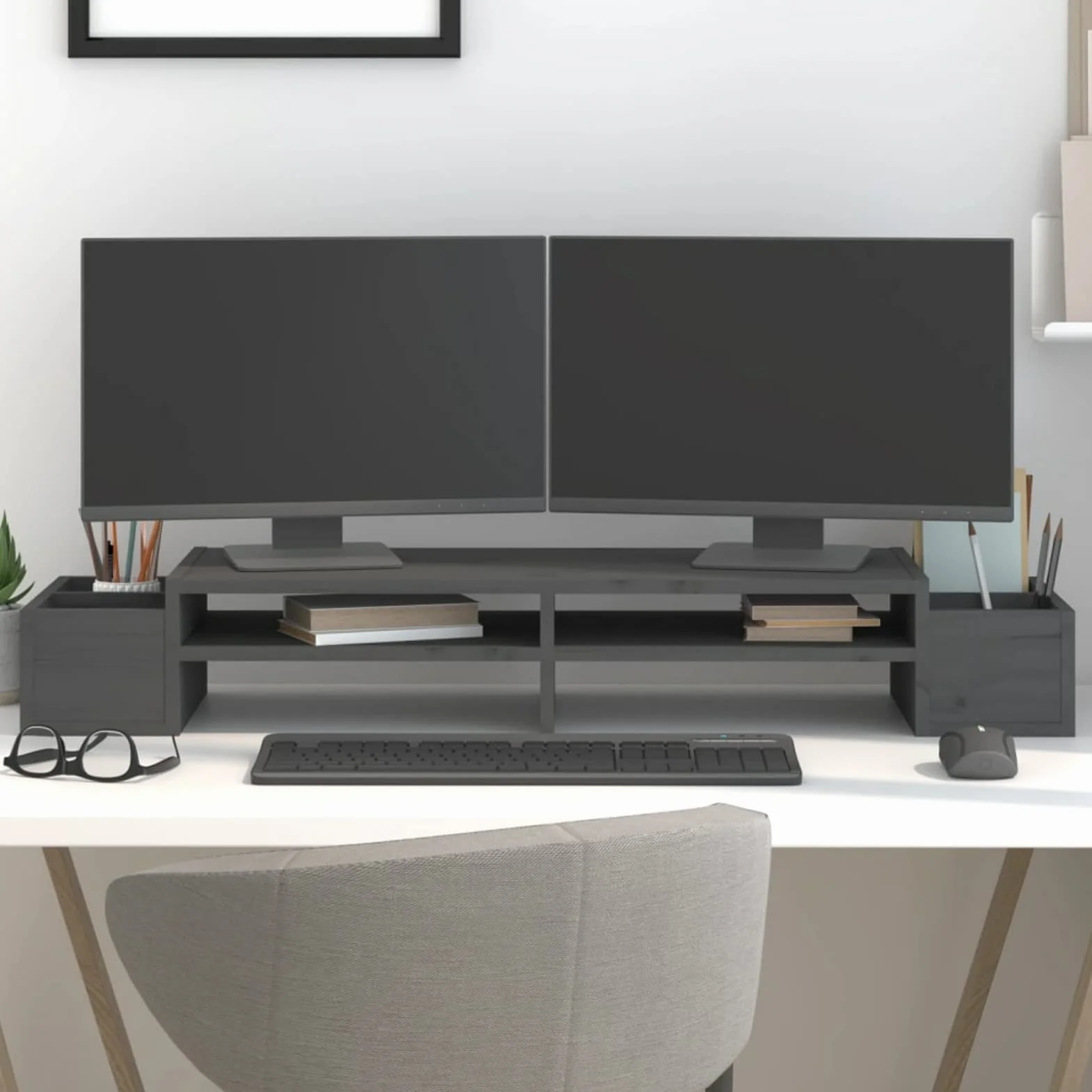 ShGaxin Stojak na monitor, stojak na ekran komputera, stojak na monitor biurko, akcesoria biurowe, akcesoria biurkowe, podstawa monitora, lite drewno sosnowe szare 100 x 27,5 x 15 cm