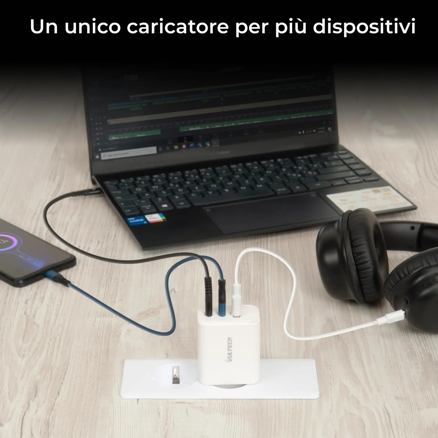 VulTech CC65-2C1A Uniwersalna ładowarka do notebooków Smartphone Tablet 65W GaN USB + 2 x Type-C/USB-C PD3.0 QC3.0 PPS biały - kompaktowy rozmiar