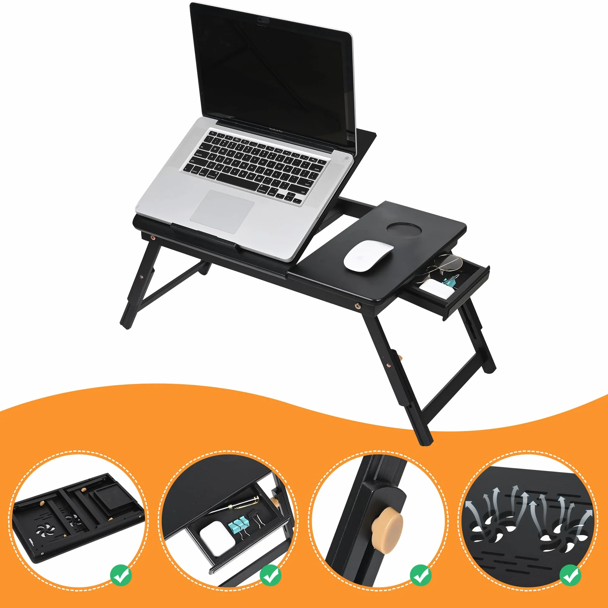 VASMIA Bambusowy stolik pod laptop do łóżka i kanapy, Stolik składany, Taca śniadaniowa ze składanymi nogami, Regulowana wysokość, Półka na łóżko, Składana, Czarny