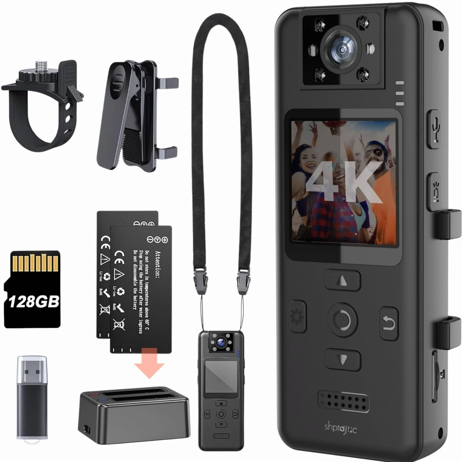 Kamera Bodycam 4K 4K 128 GB z obrotową soczewką 180°, kamera sportowa z akumulatorem 6 godzin, noktowizor, przenośna kamera dla zwierząt domowych, do biura, do pracy w zakresie bezpieczeństwa