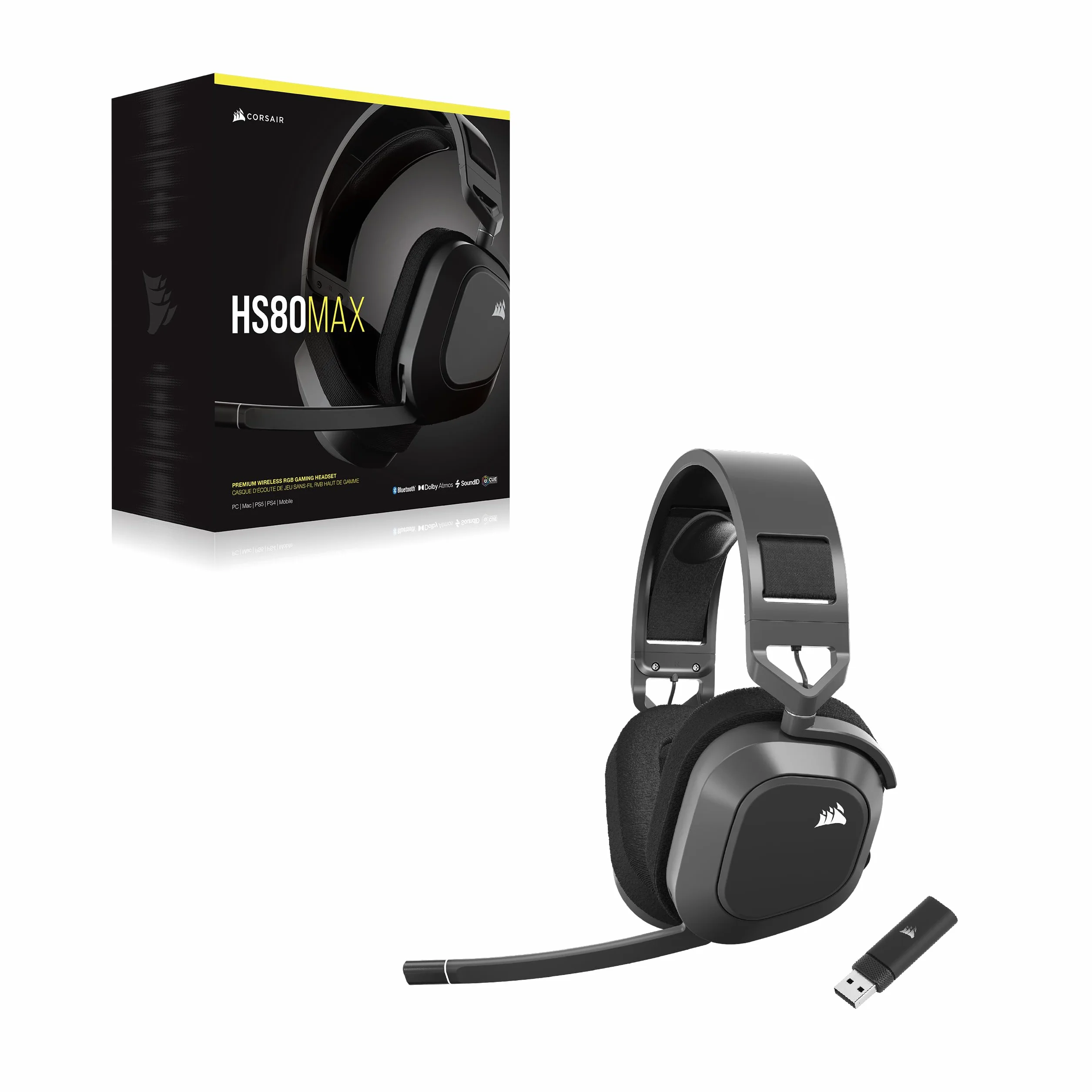 CORSAIR HS80 MAX WIRELESS Wieloplatformowy Zestaw Słuchawkowy do Gier z Bluetooth - Dolby Atmos - Mikrofon o Jakości Transmisji - Kompatybilny z iCUE - PC, Mac, PS5, PS4, Mobile - Stalowo-Szary