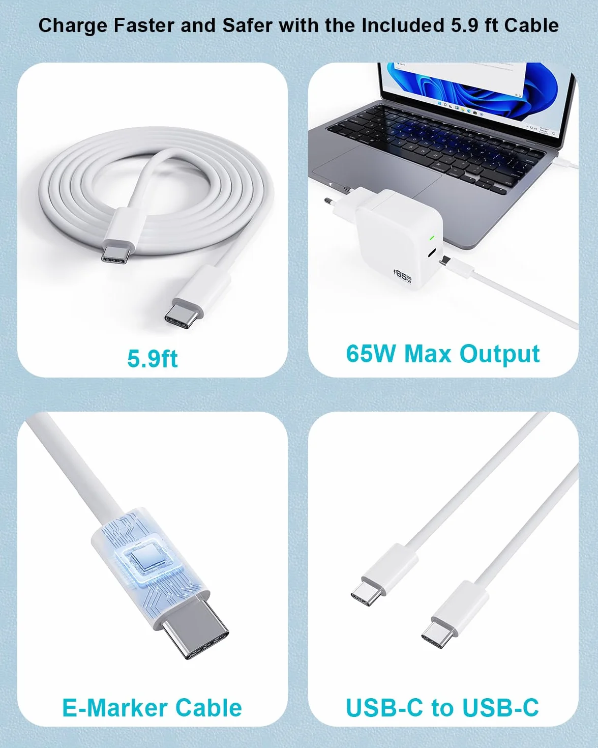 Ładowarka USB-C 65W do MacBook Air 2020/2019/2018, MacBook Pro 13 14 15 16, M1 M2 M3 Mac, Pad Pro, Huawei, Xiaomi, Dell, ładowarka GaN z kablem USB C