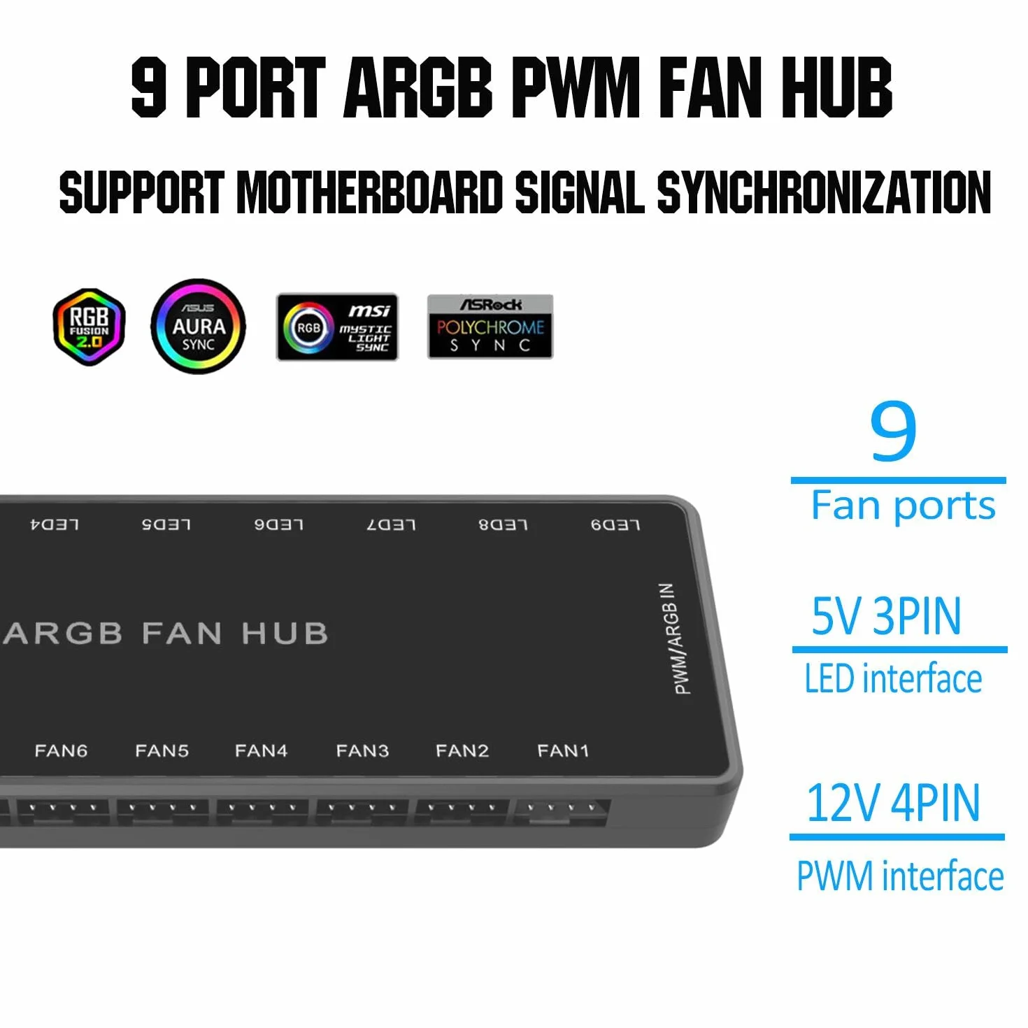 ARGB PWM koncentrator wentylatora, adresowalny 5V-3PIN ARGB 12V 4PIN PWM obudowa 2-w-1 RGB Hub zasilania SATA, 9 portów wentylatora i 9 portów LED, obsługa koncentratora wentylatora PC 9 komputerów