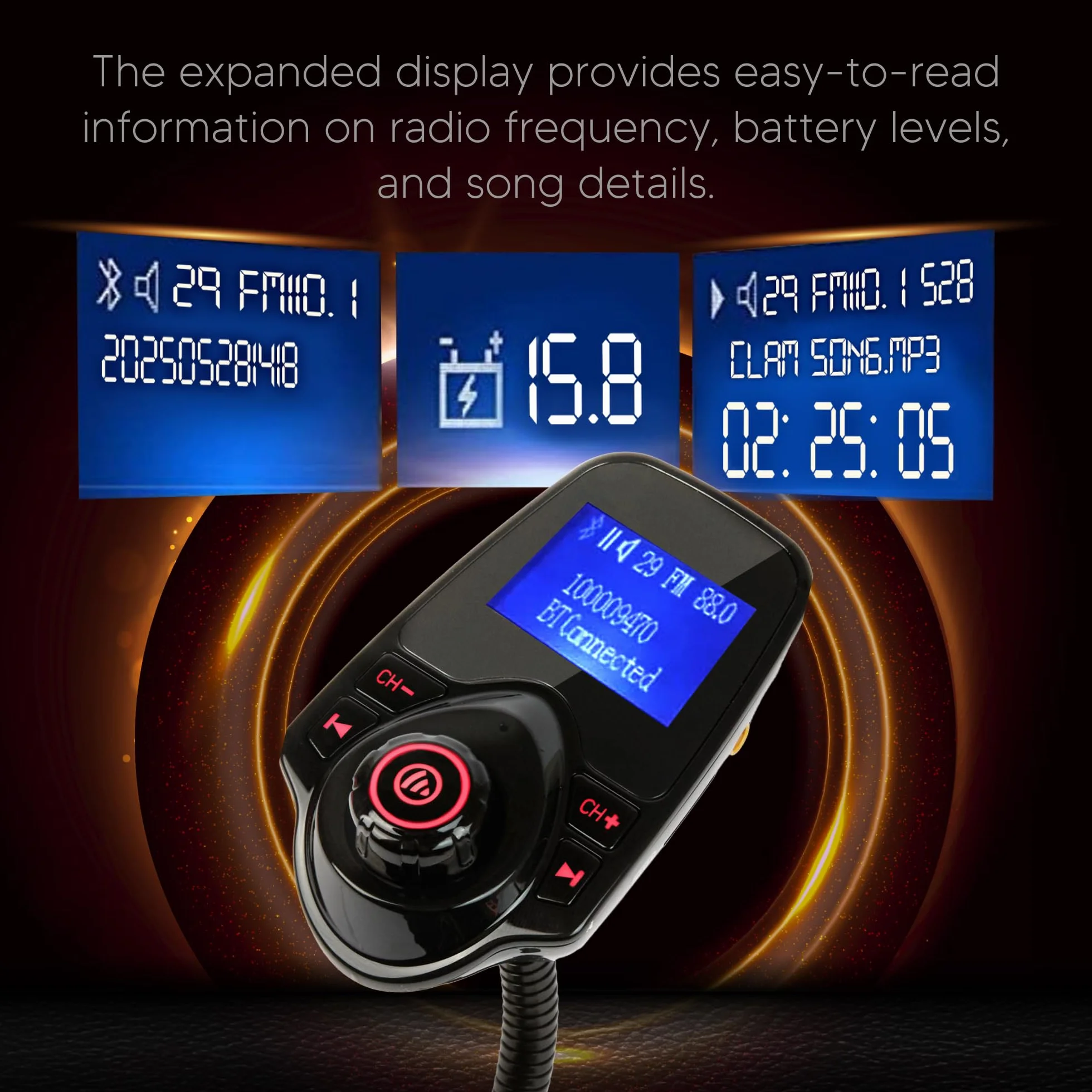ONN Upgraded 2025 Car Bluetooth FM Transmitter – 1.44" Display, Flexible Gooseneck, Hands-Free Calls, Wireless Music Player, Radio Adapter, USB Charger, Micro SD Card & AUX Support