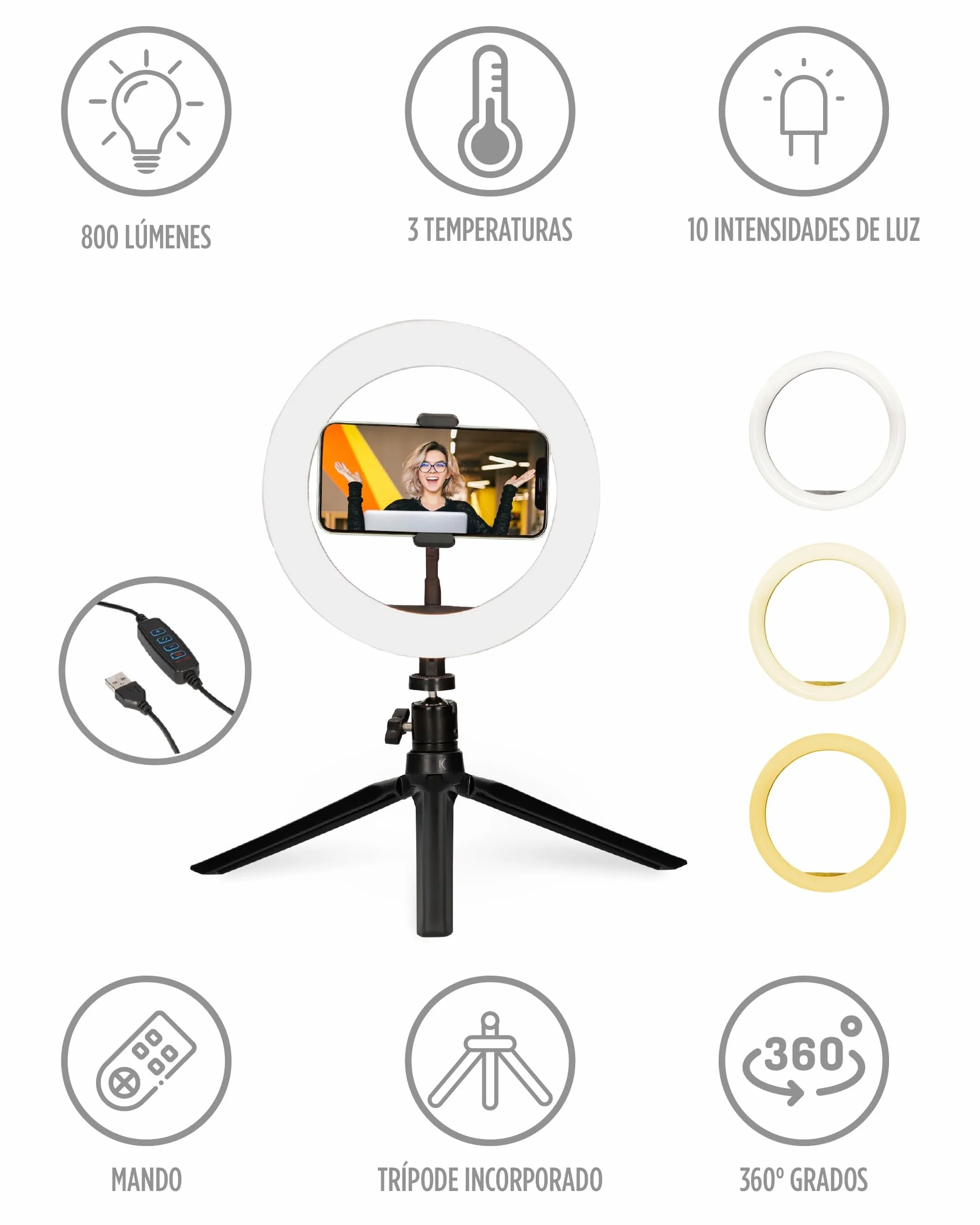 Ksix Studio Live pierścień LED ze statywem do smartfona