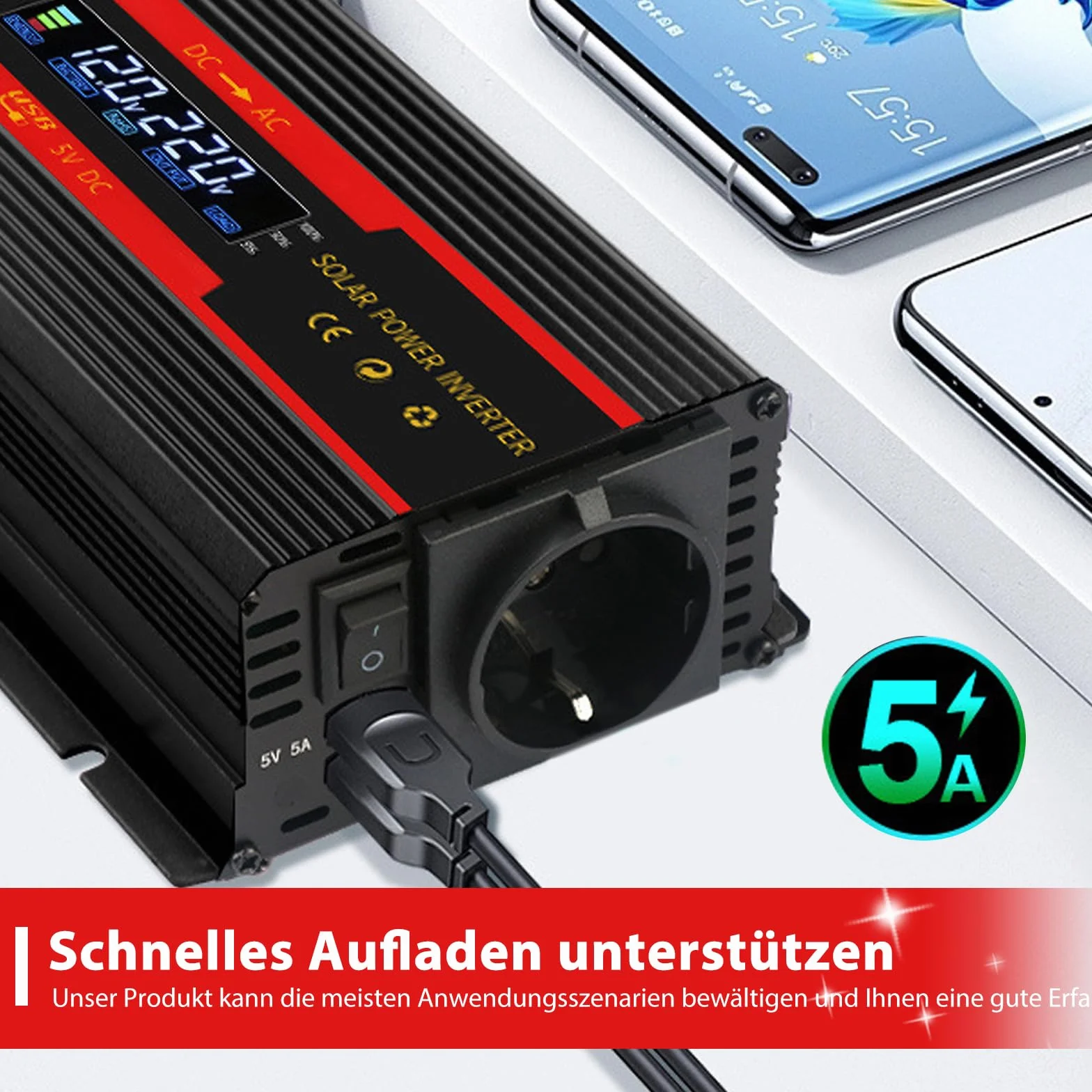 Przetwornica napięcia DC 12 V/24 V na AC 230 V, zmodyfikowana fala sinusoidalna, 2000 W, z wtyczkami UE, 2 USB i wyświetlaczem LCD, adapter do samochodu, ciężarówki, przyczepy kempingowej