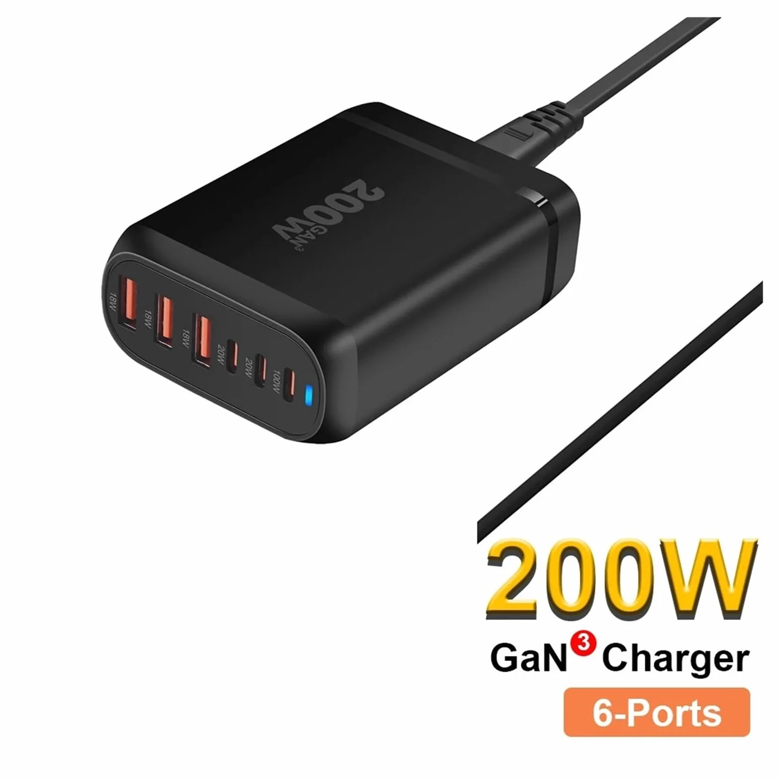 Szybka Ładowarka USB C 200 W. 6-portowa Stacja Ładująca Z Koncentratorem Blokowym. Zasilacz Do Laptopa Szybki Sejf(Black)