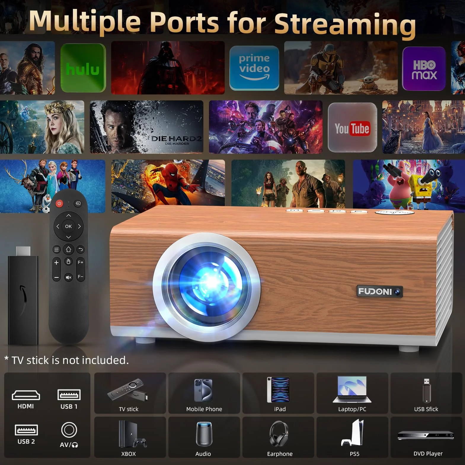 Elektryczny fokus/Auto 6D Keystone] Projektor FUDONI z WiFi6 i Bluetooth5.4, 800ANSI Native 1080P przenośny zewnętrzny projektor filmowy, Smart Home Proyector 4K, obsługa HDMI/USB/iOS/Android/TV