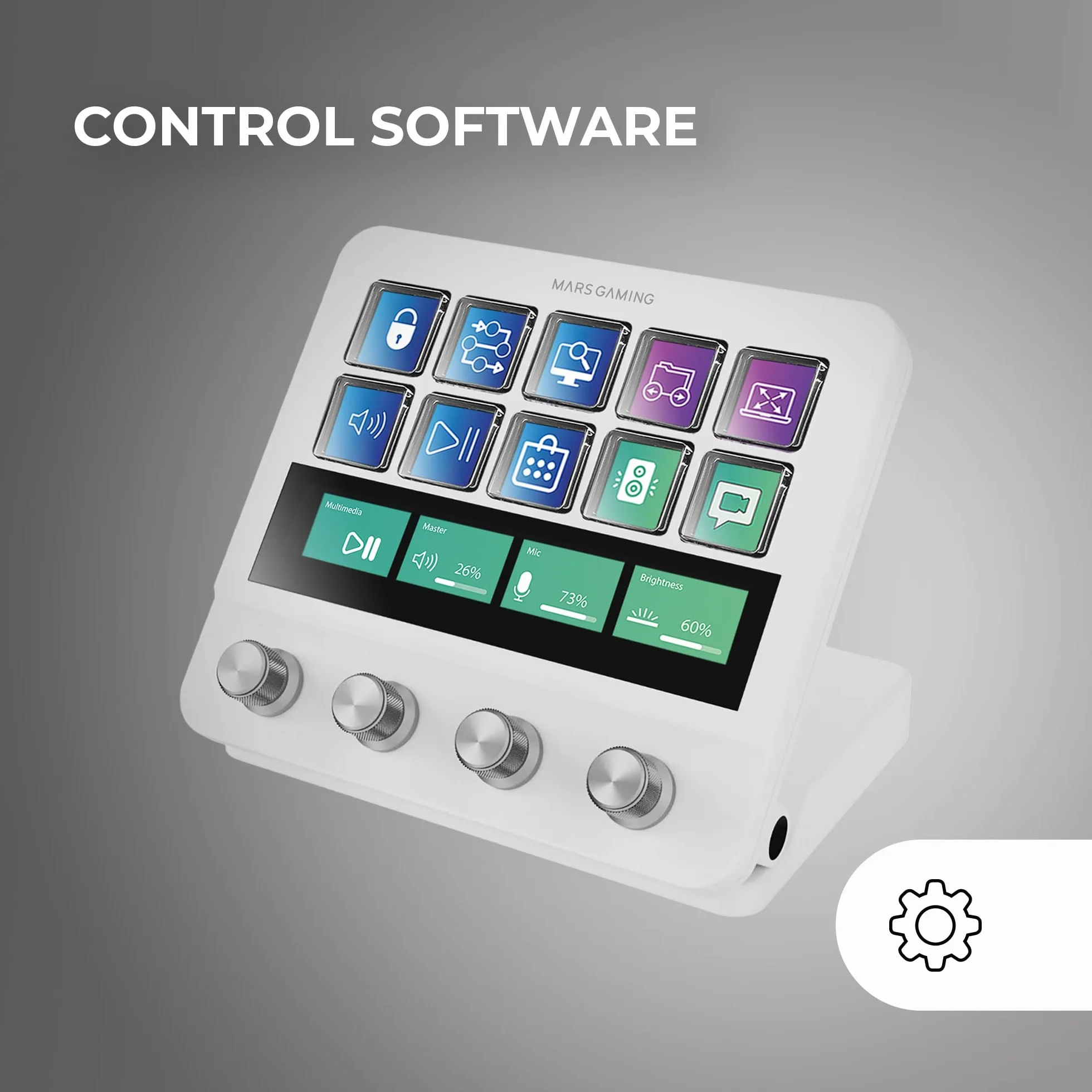 Mars Gaming MSD-PRO, Panel Sterujący, 10 Personalizowanych Klawiszy LCD i 4 Pokrętła, Rozszerzony Animowany Ekran Dotykowy, Regulowana Podstawka, Oprogramowanie Sterujące, 2x USB 3.0, USB-C, Biały