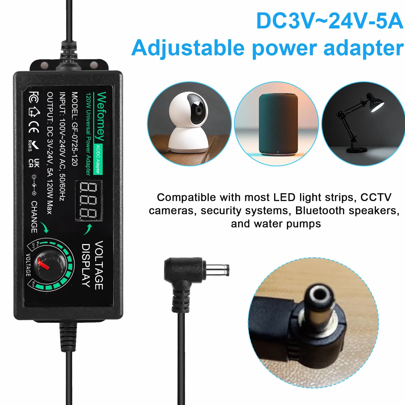 Uniwersalny zasilacz sieciowy 5A 120W regulowany 3V-24V 100V-240V AC na DC z wskaźnikiem LED 14 wtyczkami