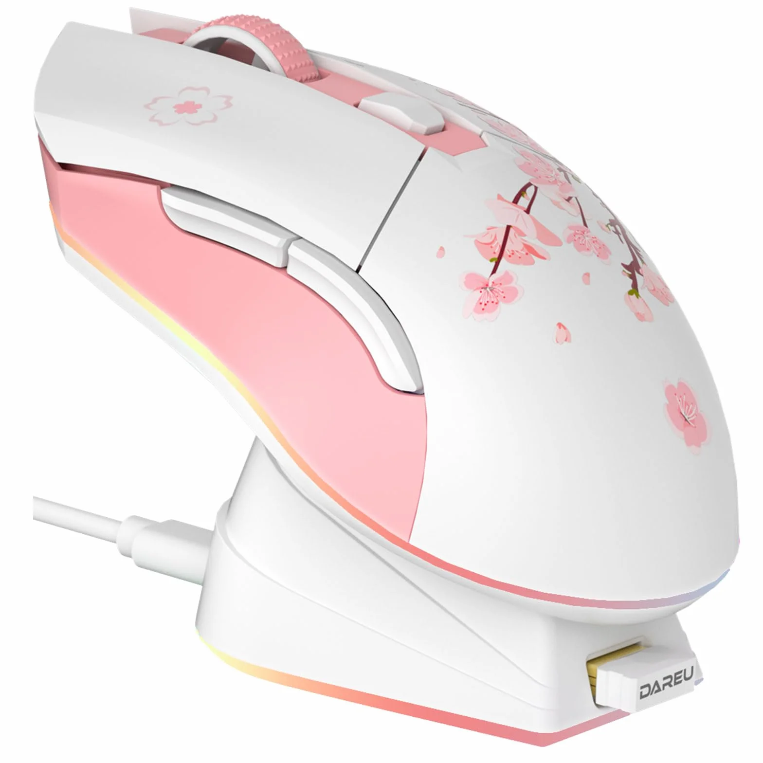 DAREU Pink Mysz do gier bezprzewodowa z magnetyczną stacją dokującą do ładowania RGB, 12 tys. dpi, 7 programowalnych przycisków, precyzyjny czujnik 300IPS 1000 Hz do komputerów PC i notebooków Mac