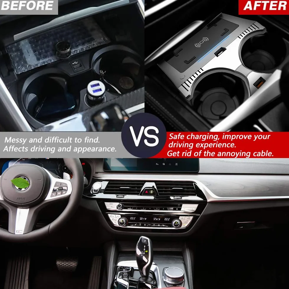Bezprzewodowa ładowarka samochodowa do BMW serii 5 2018 2019 2020 2021 panel akcesoriów konsoli środkowej, 15 W Qi szybka ładowarka do telefonu z QC3.0 USB do iPhone 12/11/XS/X/8 Samsung