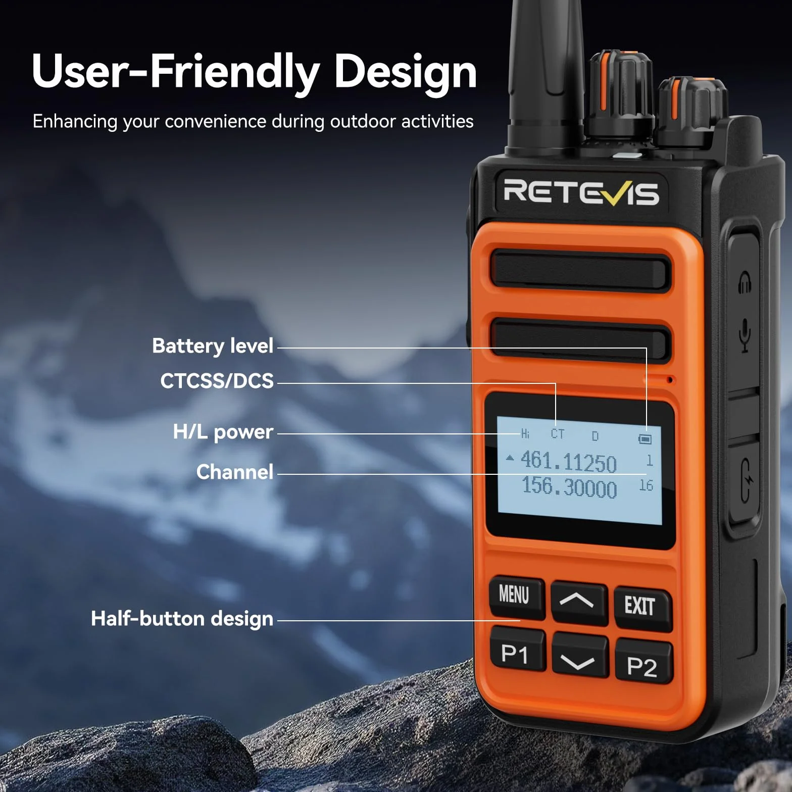 Retevis C66B Walkie Talkie, Profesjonalne Radiotelefony Amatorskie Dla Dorosłych, 100 Minut Szybkiego Ładowania, Konfigurowalne Przyciski Boczne, 1500 Mah, do Wędrówek (Pomarańczowe, 1 Opakowanie)