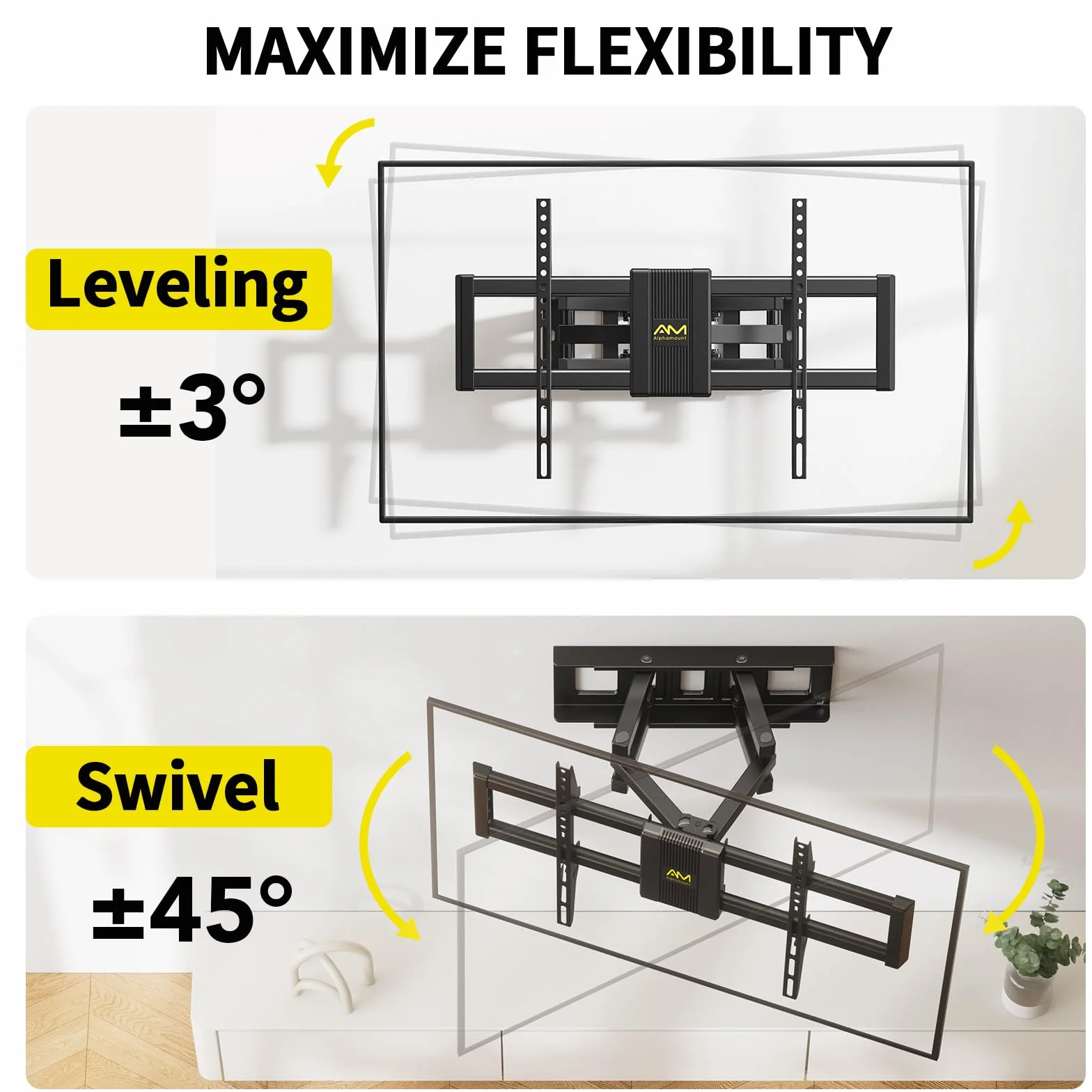 Alphamount Uchwyt ścienny do telewizora do większości telewizorów 4K LED i OLED o przekątnej do 45 kg, uchwyt na telewizor z dwoma ramionami przegubowymi, obrotowy, przedłużający i pochylany, uchwyt