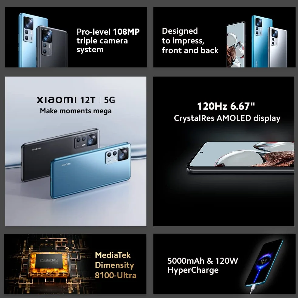 Xiaomi 12T 5G - smartfon 8 + 128 GB, 6,7 cala 120 Hz CrystalRes AMOLED, MediaTek Dimensity 8100-Ultra, 108 MP aparat profesjonalny, inteligentne 120 W, 5000 mAh, przezroczysty niebieski