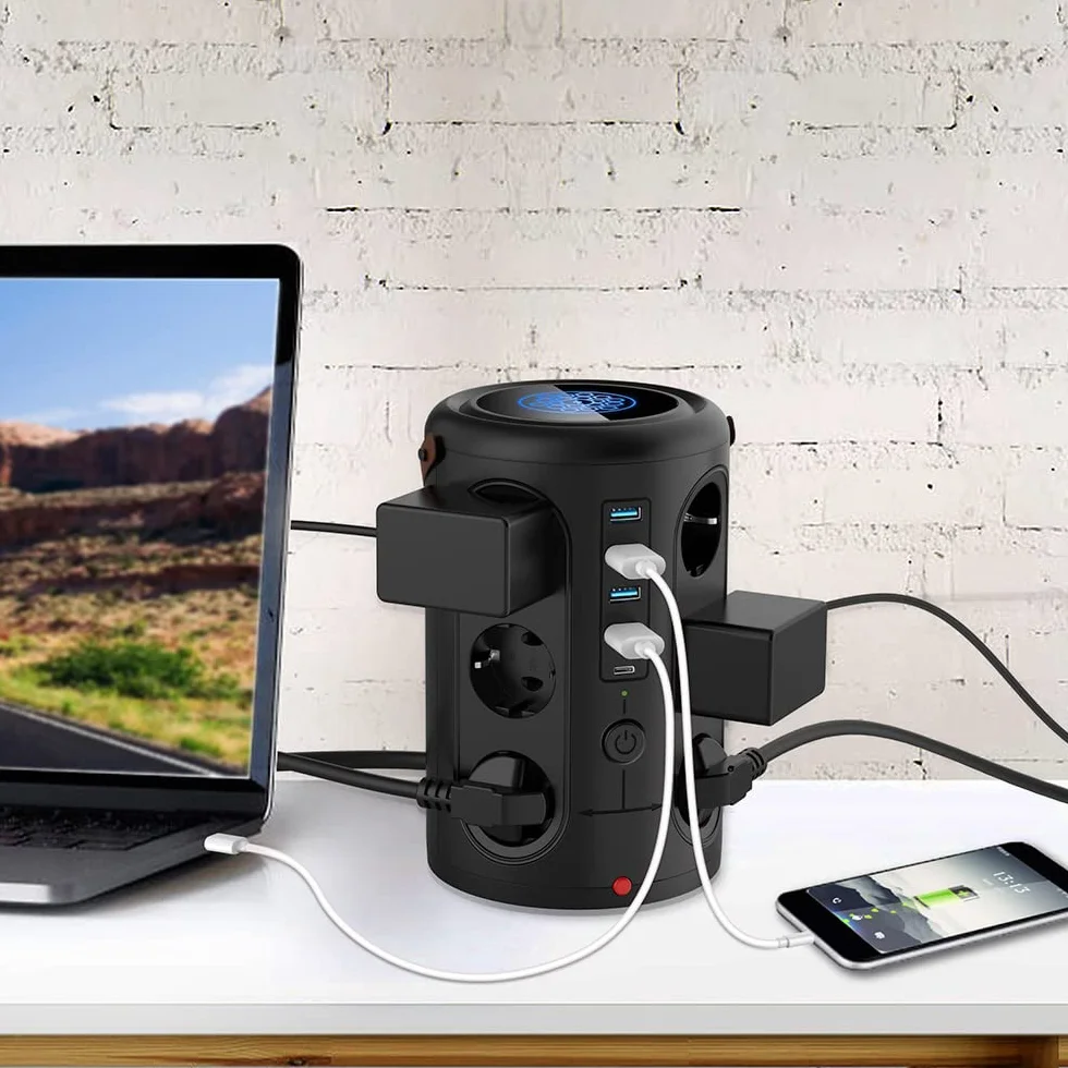 Kavolet pionowa blok wtykowy z 12 gniazdami i 4 portami USB i bezprzewodowym ładowaniem (2500/10A), z zabezpieczeniem przed przeciążeniem i przepięciem, kablem 1,8 M