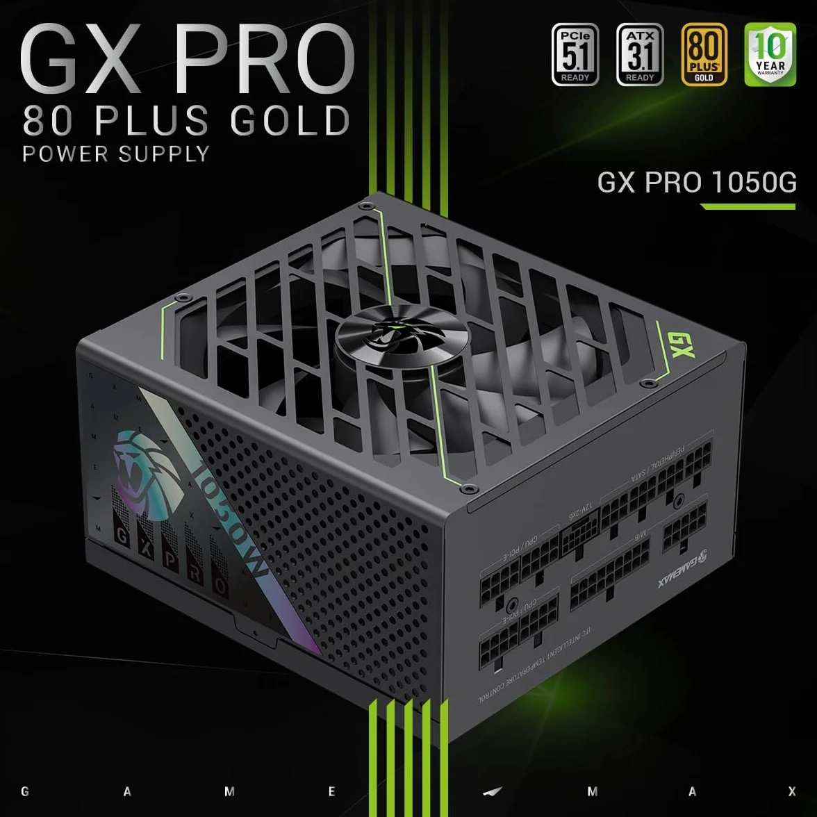 GAMEMAX GXPRO 1050G Zasilacz PC 1050W, W pełni modułowy, Zgodny z ATX 3.1 i PCIe 5.1, 80 Plus Platinum, Dołączony kabel 12V-2×6, Kondensatory japońskie 105°C, Gwarancja 10 lat