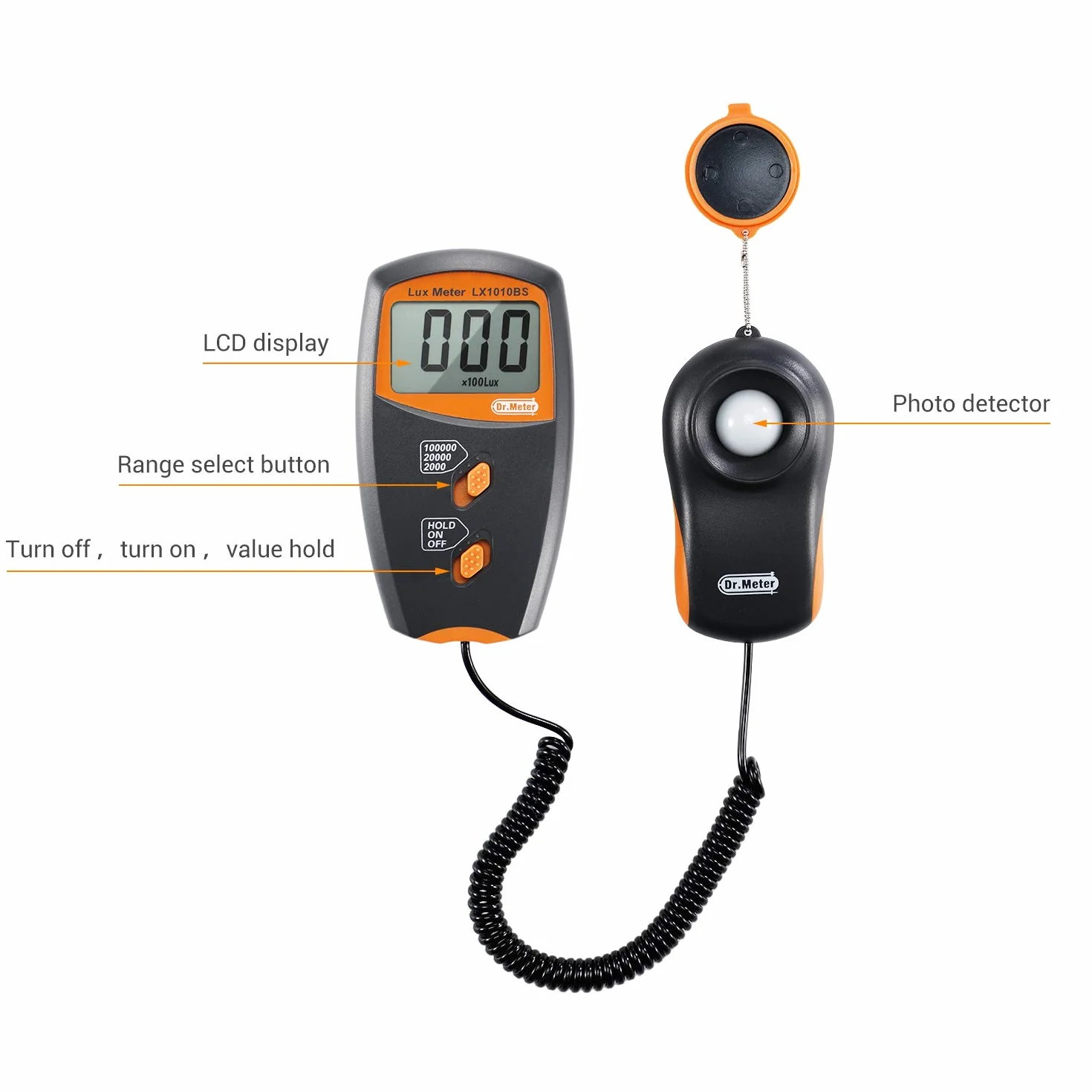 Luxmeter – Dr.meter cyfrowy luksus miernik światła, oświetlenie LX1010B 100 000 luksów o wysokiej dokładności, szybkiej reakcji i zapisywanie danych (pomarańczowy)
