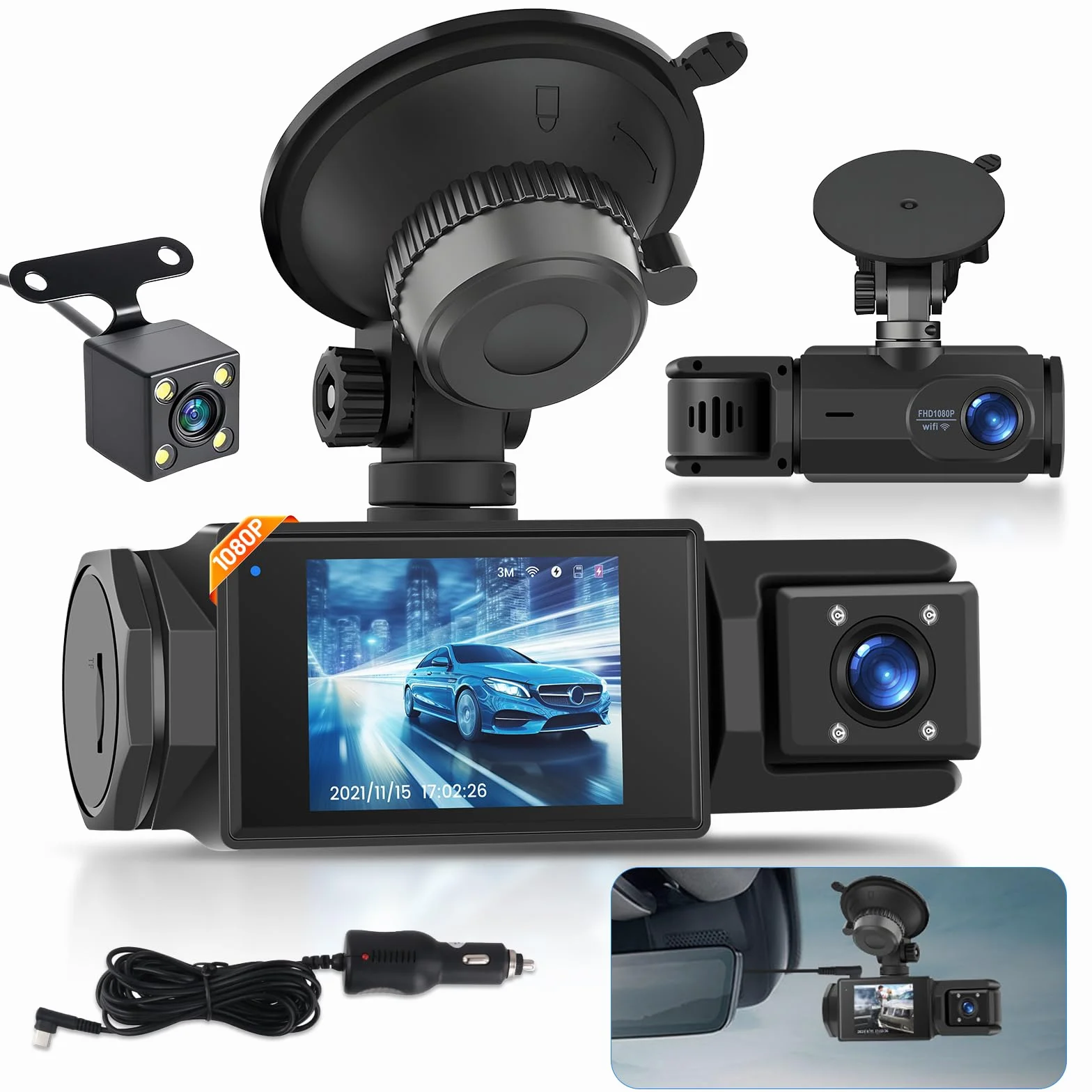 Kamera samochodowa 1080P, 3-kanałowa kamera Dash Cam z przodu i z tyłu wewnątrz, Full HD 2,0 cala ekran IPS kamera samochodowa z nagrywaniem w pętli, noktowizorem, wykrywaniem ruchu