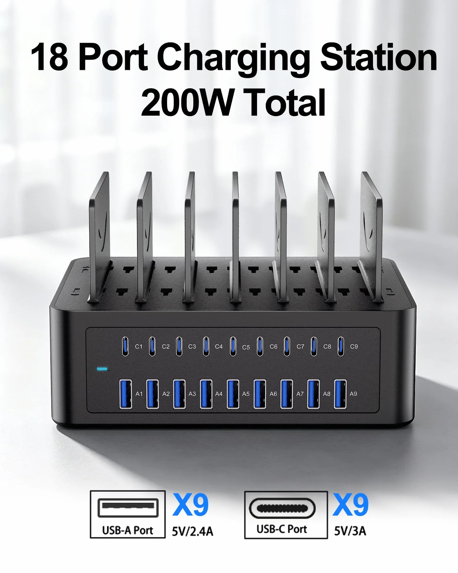 Stacja ładująca 150 W/35 A do wielu urządzeń, 16-portowa stacja ładująca USB C z regulowanymi przegrodami – organizer stacja ładująca do smartfona, iPada, Kindle, tabletu i innych urządzeń