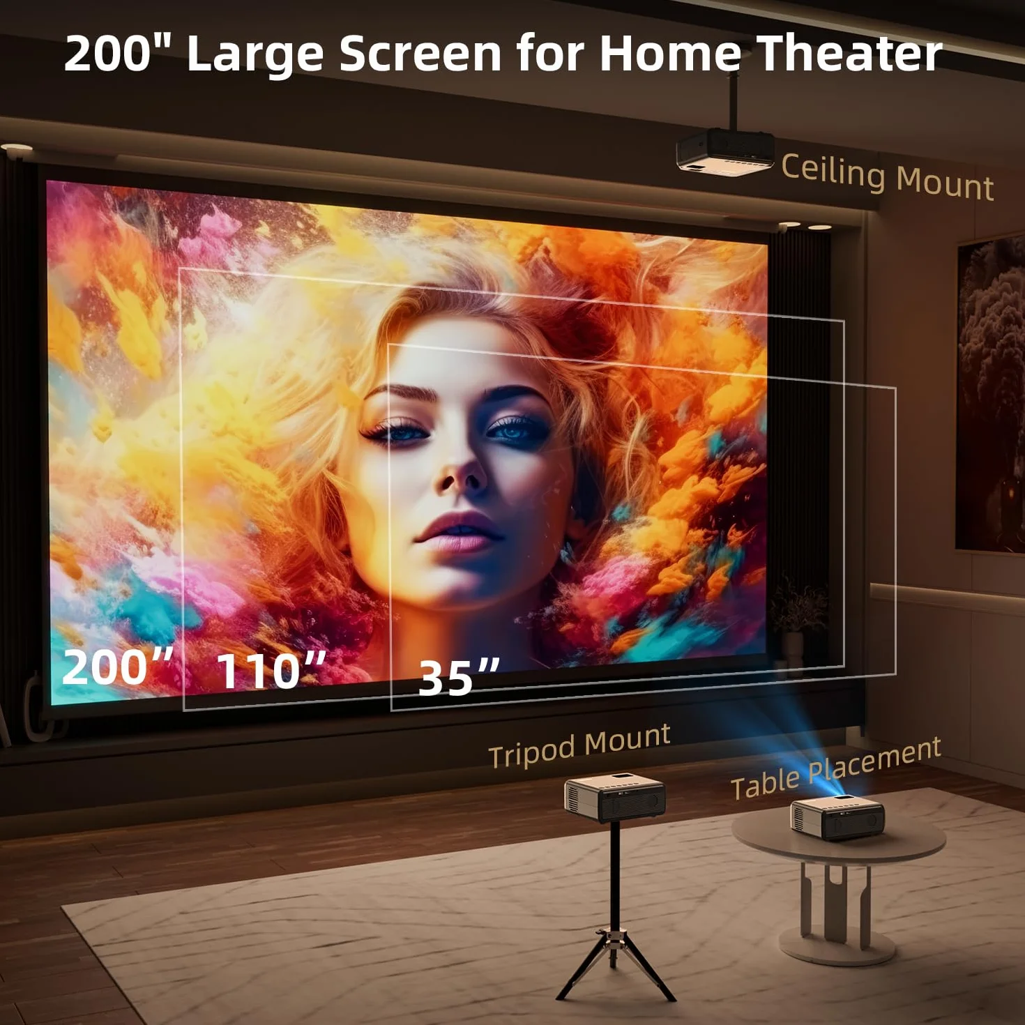FUDONI Projektor z obsługą WiFi i Bluetooth 4K, ulepszone zewnętrzne projektory filmowe 16000 l, natywny 1080p FHD, projektor wideo do kina domowego, kompatybilny z HDMI/USB/iOS/Android/Windows/TV