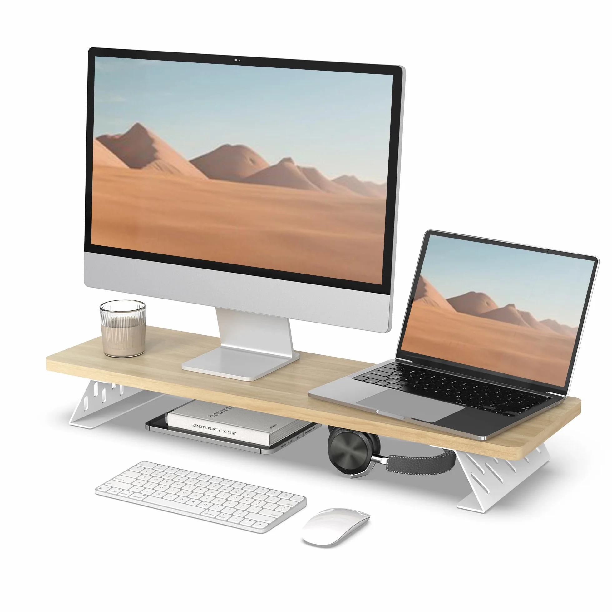 Fenge Podstawka pod monitor na biurko, duży stojak na monitor komputerowy, stojak na 2 monitory, drewniany organizer na biurko, stojak na PC, laptop, drukarkę, ekran telewizora (dąb, 80 cm)