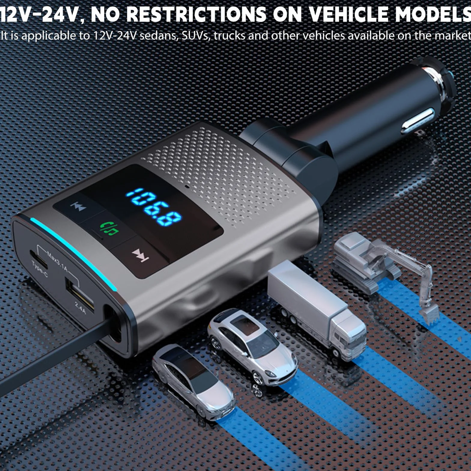 Adapter samochodowy 80,5 W, Bluetooth 5.3, 3 w 1, do gniazda zapalniczki samochodowej, USB i FM z wysuwanym kablem typu C, 24 V/12 V, adapter USB do samochodu z zestawem głośnomówiącym do iPhone'a