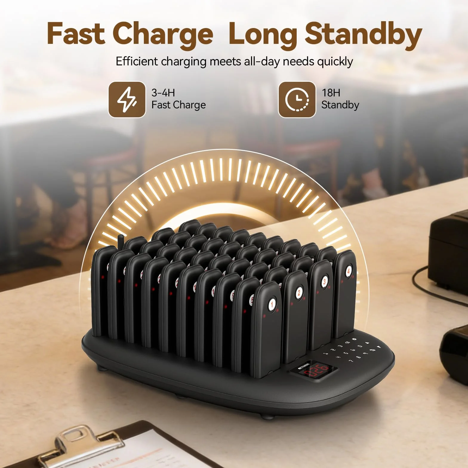 Retekess TD175M Pager Restauracyjny, System Pagera Restauracji, 40 Pagerów | do Restauracje, Hotel, Strefa Gastronomiczna, 800M, Z Przyciskiem Wyciszenia, Łatwy w Obsłudze, 7 Trybów Wywoływania
