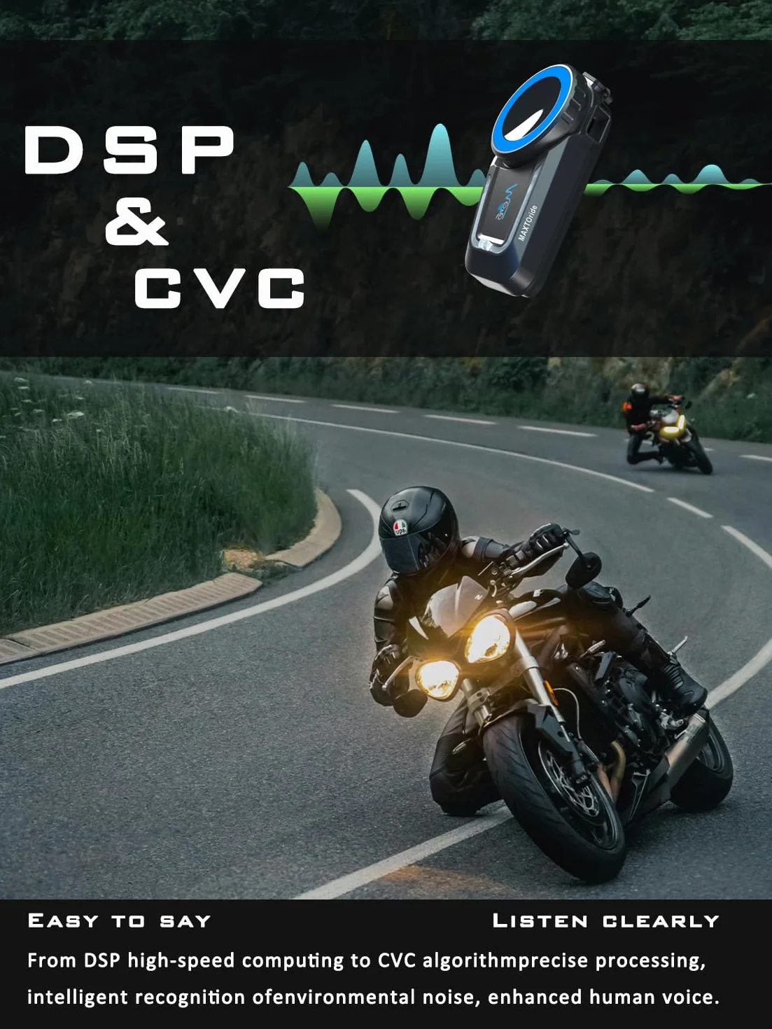 MAXTO Zestaw słuchawkowy Bluetooth do motocykli, interkom z siateczką, system komunikacji 1000 M do motocykli, interkom dla 8 kierowców, redukcja szumów CVC + DSP, wodoszczelność IP67, 2 sztuki w