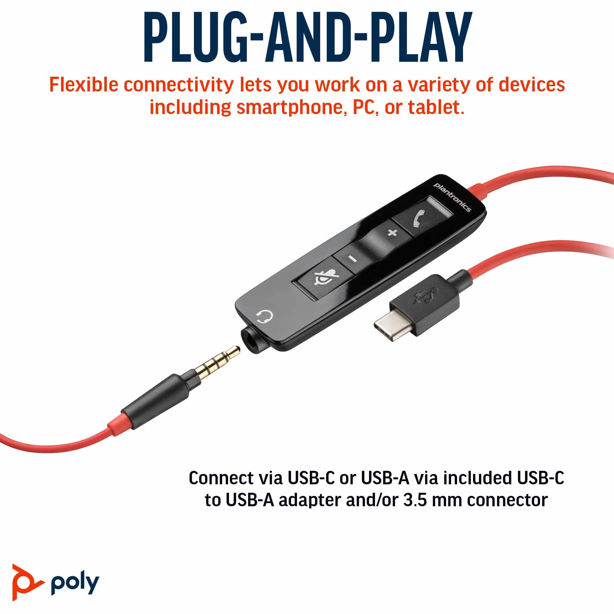 Poly Blackwire 5210 przewodowy zestaw słuchawkowy (Plantronics) - elastyczny mikrofon wysięgnika z redukcją szumów - konstrukcja z jednym uchem - połączenie z komputerem PC/Mac, telefonem komórkowym