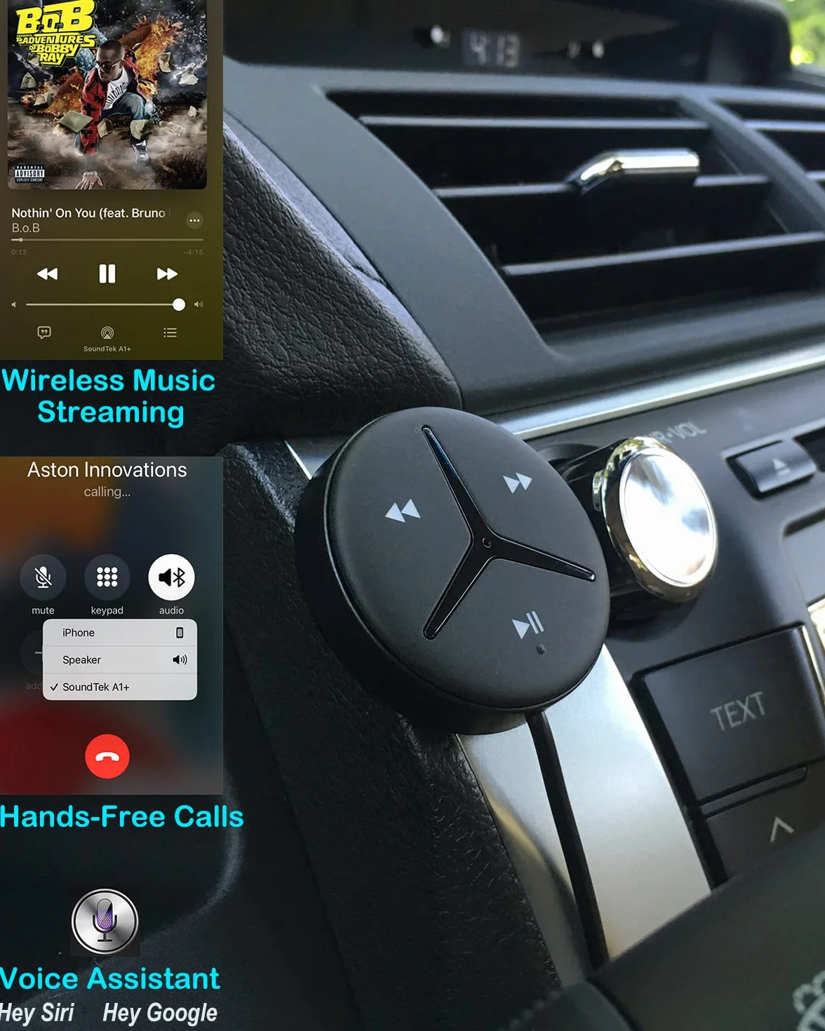 Aston Innovations SoundTek A1+ zestaw samochodowy Bluetooth z AAC do strumieniowego odtwarzania muzyki bez użycia rąk, adapter Bluetooth Aux do samochodu / domowego stereo, wbudowany izolator szumów i mikrofon, automatyczne włączanie/wyłączanie, automatyc
