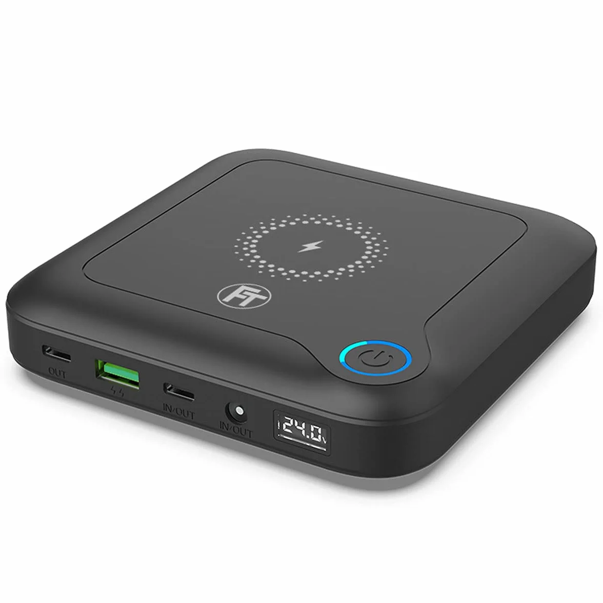 FeinTech PLG02400 Laptop Powerbank 60 W PD USB-C i DC przyłącze do notebooka, MacBooka, iPada, tabletu, smartfona, aparatu, Nintendo Switch, 10 W, bezprzewodowe ładowanie, 88 Wh, 24000 mAh, 122 x 122