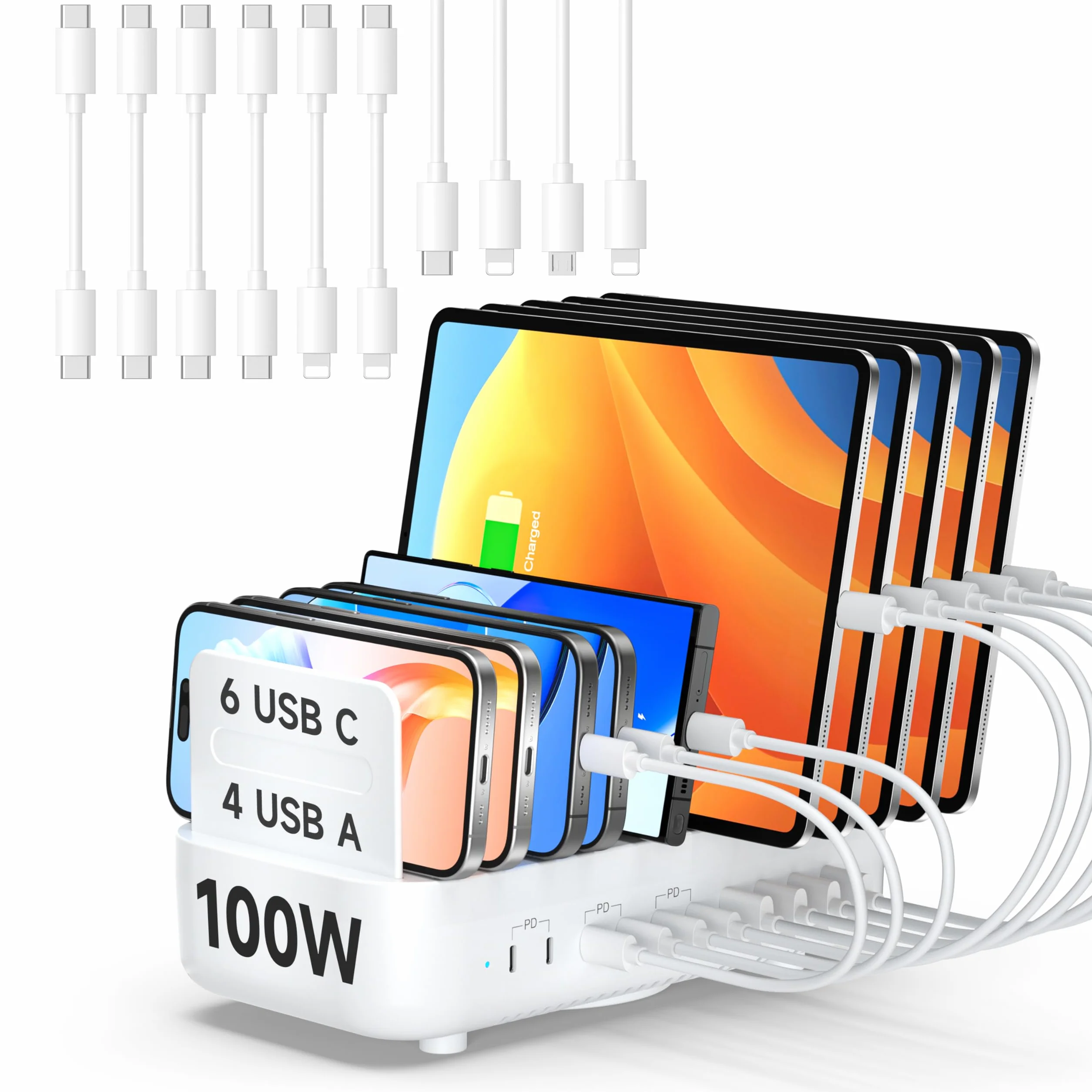 SooPii 100 W 10-krotna stacja ładująca USB z 6 portami USB-C i 4 portami USB-A, szybkie ładowanie PD, kompatybilna z lPhone, LPad, Galaxy i innymi urządzeniami, w tym 10 mieszanych kabli do ładowania