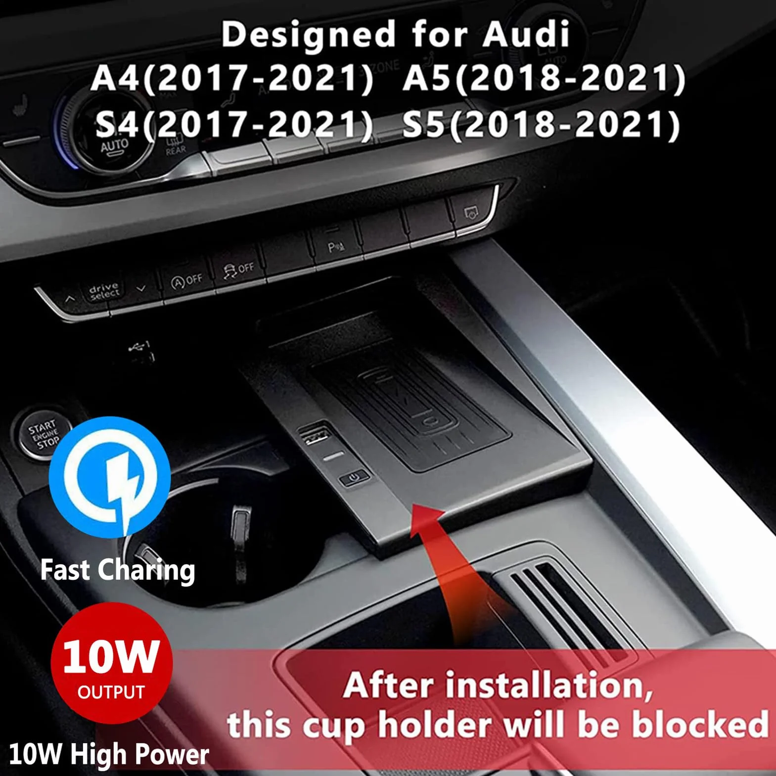 Bezprzewodowa ładowarka Samochodowa dla Audi A4/A5/S4/S5(2018-2021), Podkładka Do Szybkiego ładowania Telefonu O Mocy 15W dla Dowolnego Telefonu Komórkowego Obsługującego Qi
