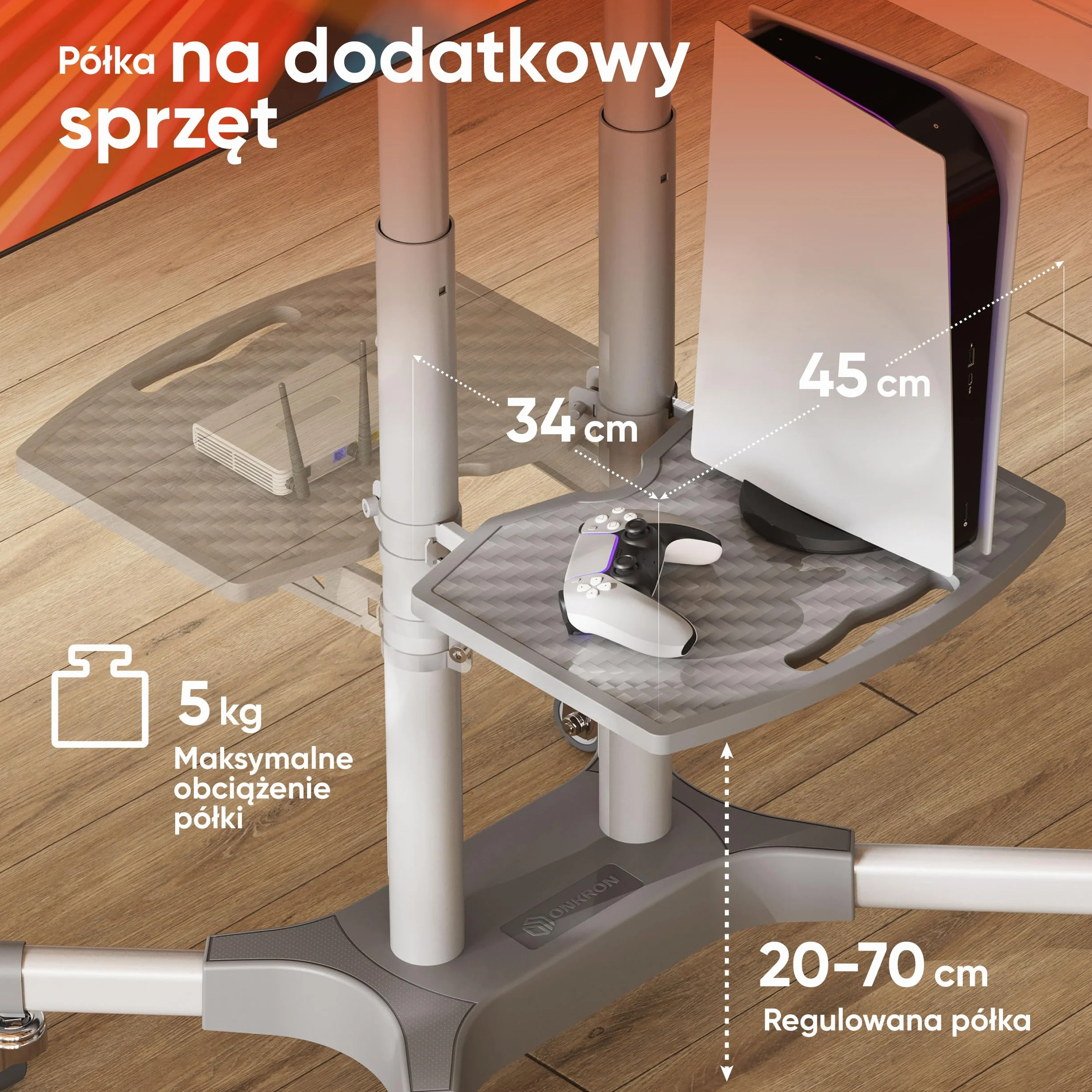 ONKRON Stojak na telewizor na kółkach dla ekranów 32" - 65" do 50 kg, regulowany na wysokość max VESA 600x400 - Uniwersalna podstawa TV/Wózek na telewizor z kółkami, biały TS1351-W