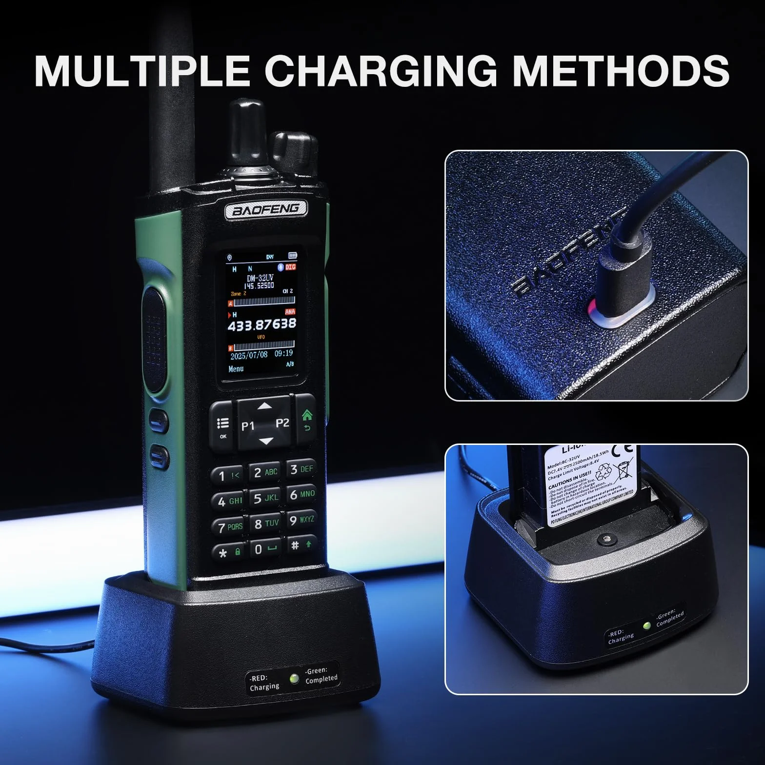 BAOFENG DM-32UV 10W DMR radio, UHF/VHF/AM/FM z GPS i cyfrowym APRS, podwójne gniazdo Tier II, kolorowy wyświetlacz 2", 4000 kanałów, styki 50 K, uchwyt na walizkę, zielony
