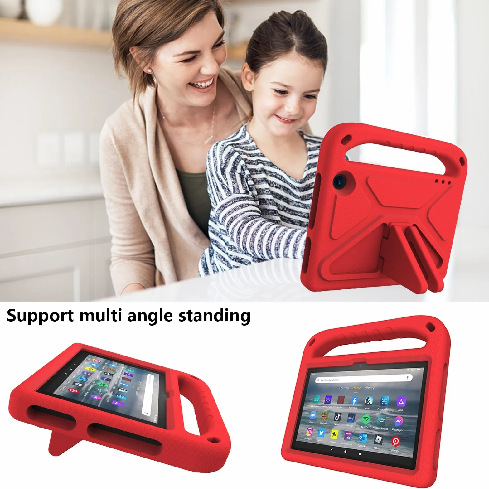 Pokrywa tabletu Kompatybilny z etui na tablet Kindle Fire 7 2022 12th, amortyzujący wstrząsy, z uchwytem, ​​EVA, uchwyt, wytrzymały pokrowiec na tablet dla dzieci, lekki Strona główna tabletu(Rosso)