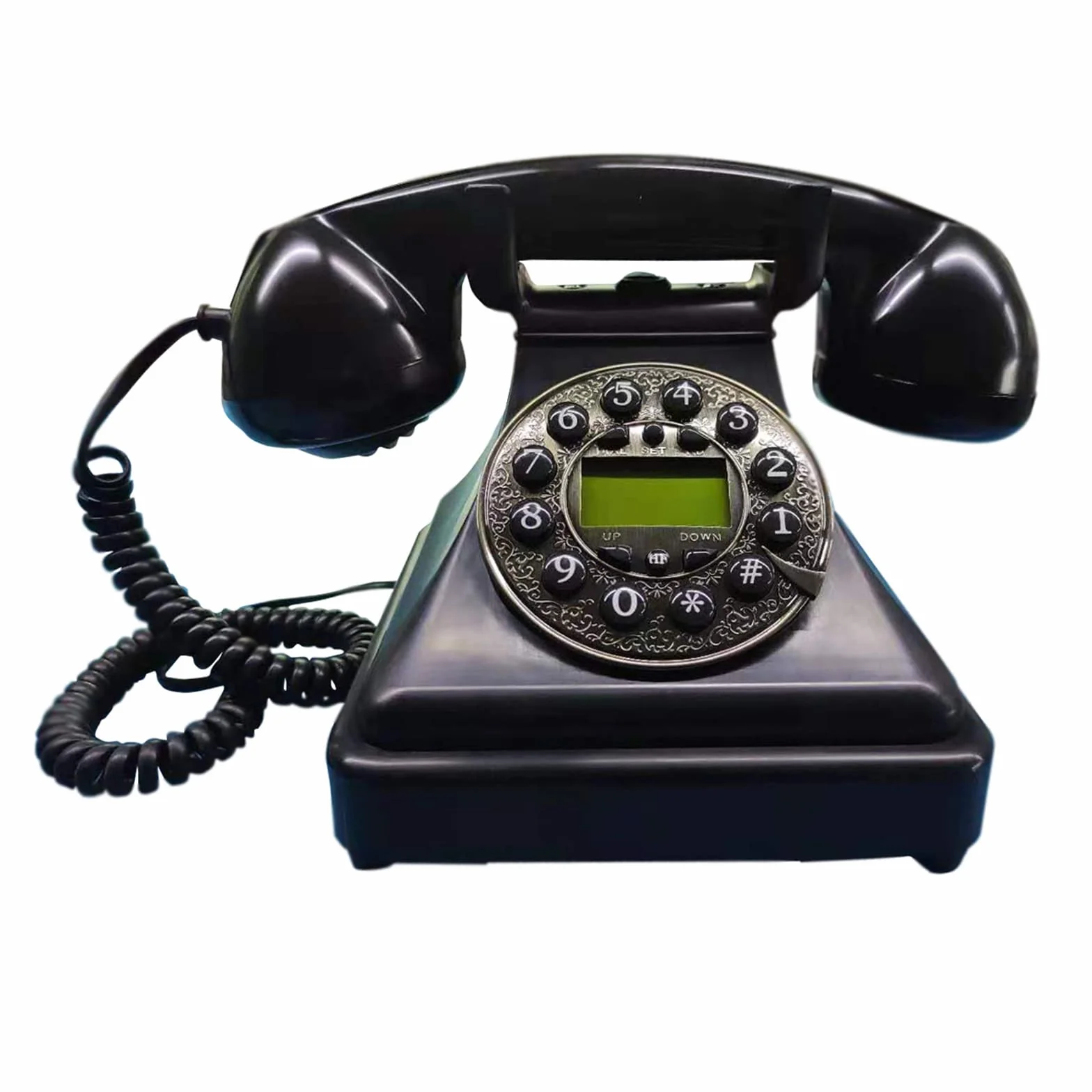 Vintage plastikowy telefon stacjonarny. Tarcza telefon antyczny europejski styl lite drewno, duży przycisk telefon stacjonarny do domowego biura