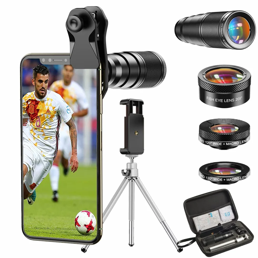 Apexel Obiektyw aparatu do telefonu komórkowego, teleobiektyw 22X, obiektyw makro 25X, obiektyw szerokokątny 120° + rybie oko 205° 4 w 1, zestaw obiektywów do telefonu ze statywem do iPhone 11 pro