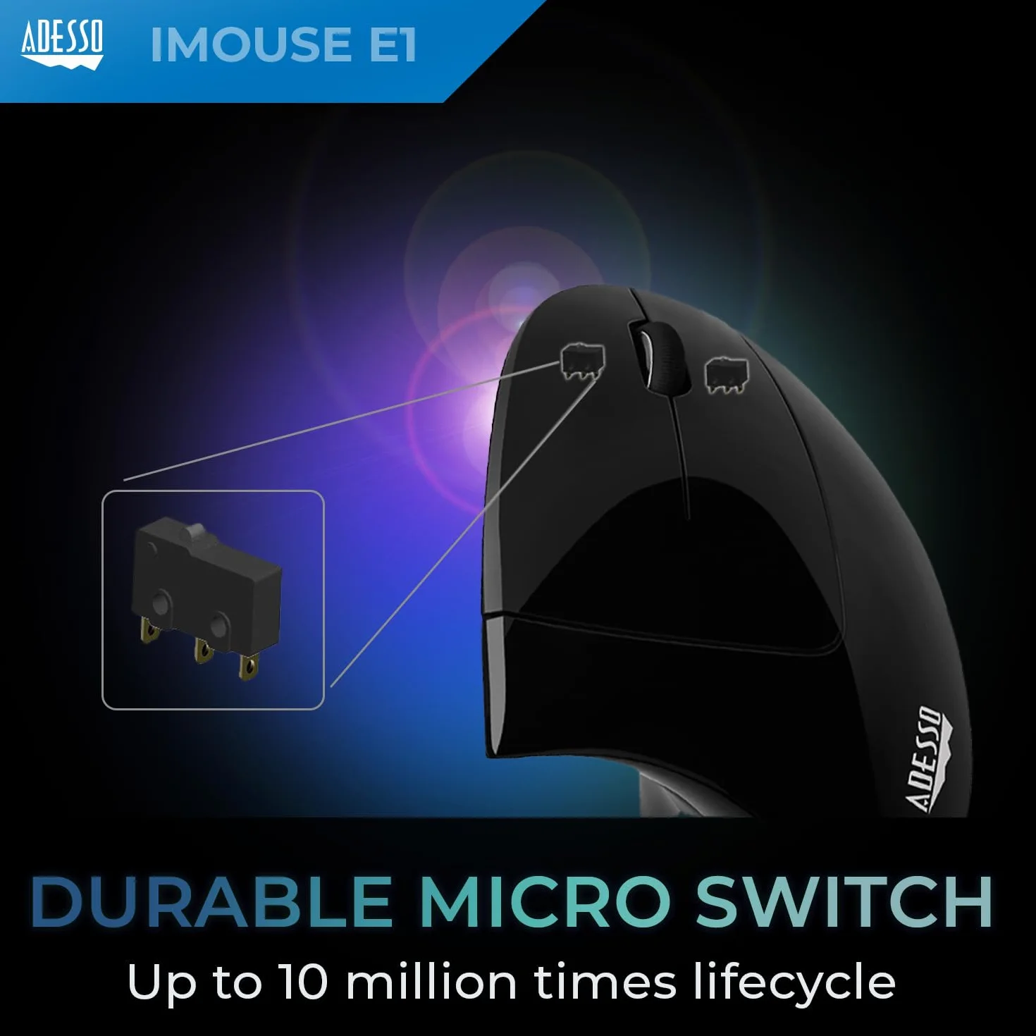 Adesso iMouseE1 - pionowa ergonomiczna podświetlana optyczna mysz USB z 6 przyciskami - orientacja praworęczna, DPI 1600/1000, 6 przycisków, do laptopa/PC/komputera stacjonarnego/notebooka/MAC - czarna