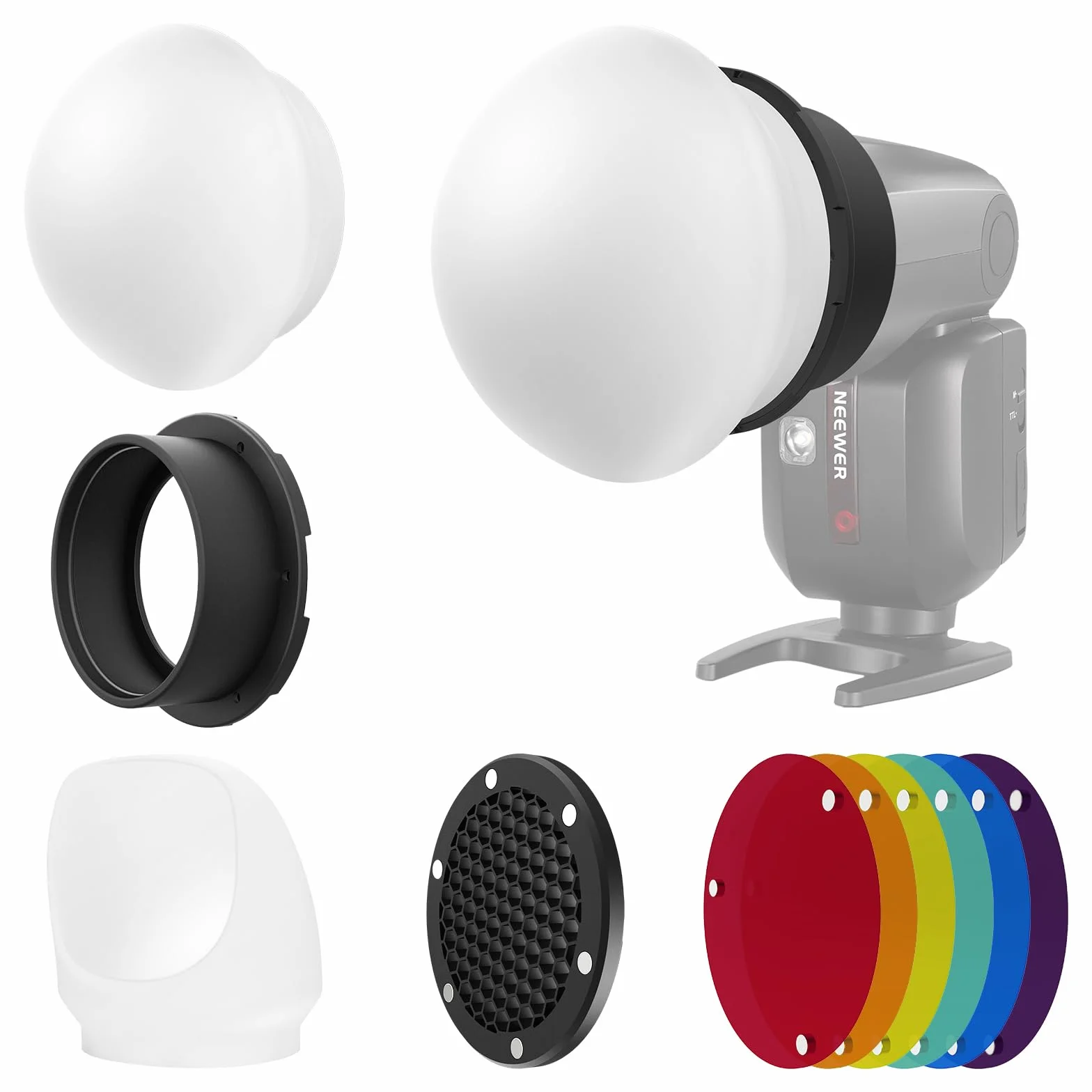 NEEWER Zestaw akcesoriów do lampy błyskowej z silikonowym dyfuzorem, siatką, reflektorem, 6-krotnym żelem kolorowym i 1 x magnetycznym pierścieniem adapterowym, kompatybilny z Godox V1/V1 PRO NEEWER