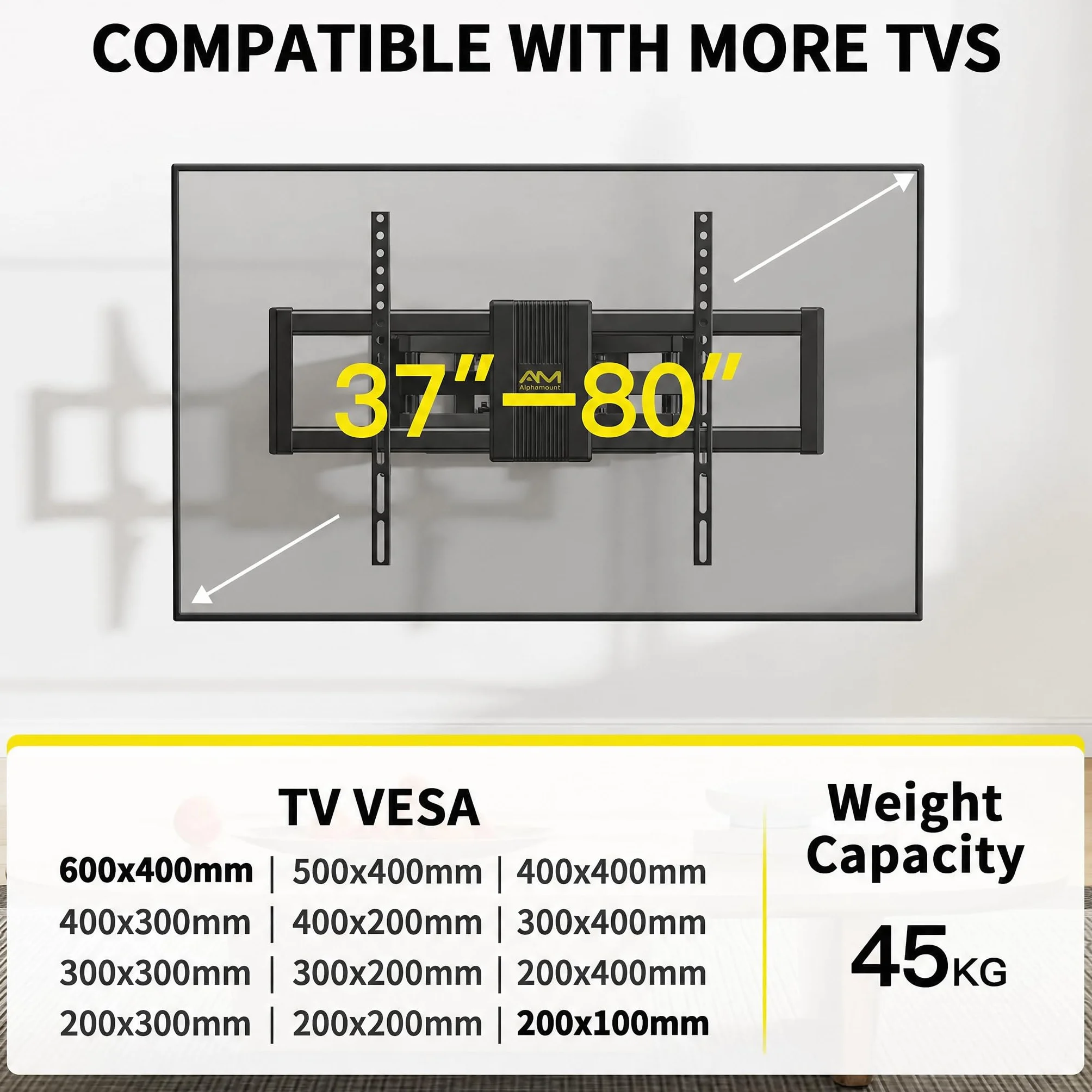 Alphamount Uchwyt ścienny do telewizora do większości telewizorów 4K LED i OLED o przekątnej do 45 kg, uchwyt na telewizor z dwoma ramionami przegubowymi, obrotowy, przedłużający i pochylany, uchwyt