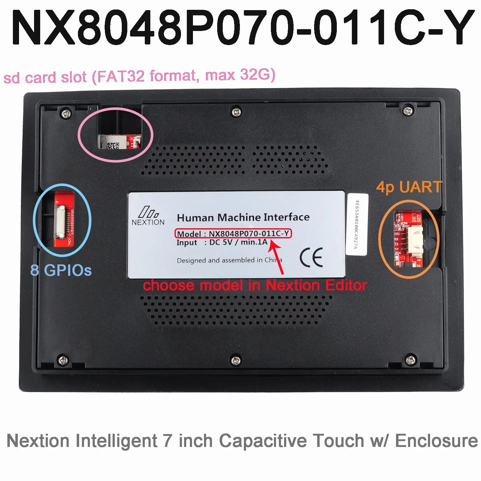 DIYmalls Nextion Inteligentny 7-calowy wyświetlacz HMI 5 V pojemnościowy ekran dotykowy 800 x 480 TFT LCD z obudową etui do Arduino Raspberry Pi (NX8048P070-011C-Y)