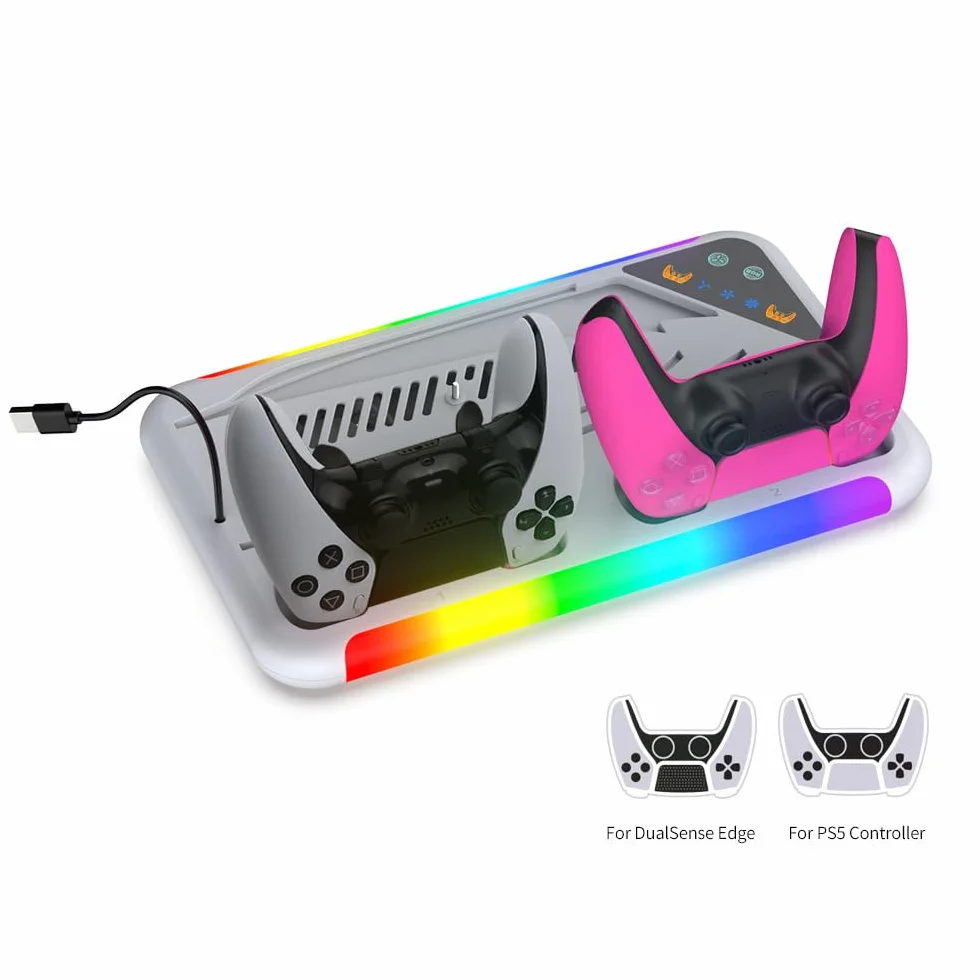 Stacja chłodząca z podwójną ładowarką kontrolera do PS5 Slim Stand, stacja ładująca, uchwyt na słuchawki ze światłem RGB dla PS5 Slim (biały)